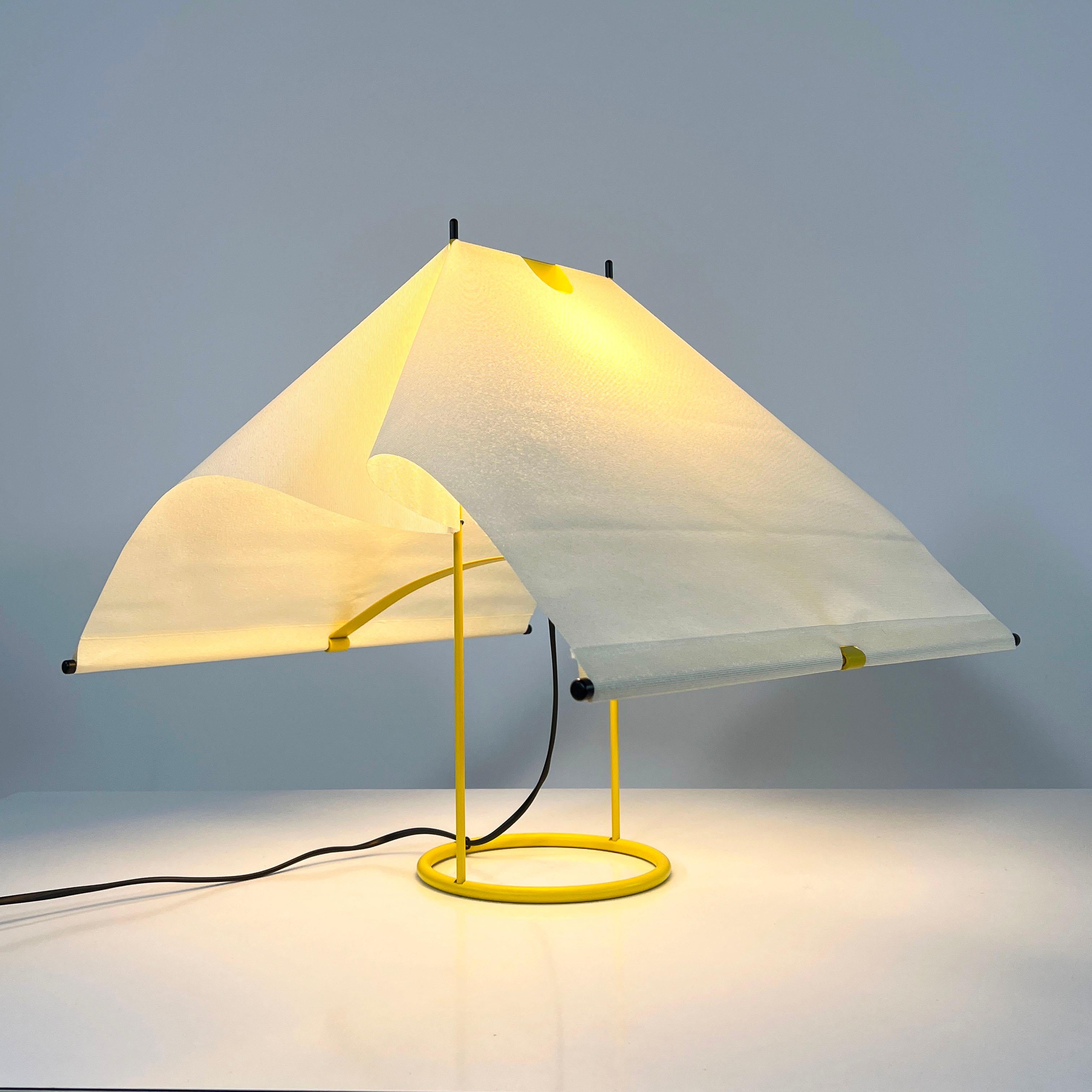 Designer - Piero De Martini 
Producer - Arteluce
Model - Le Falene Table Lamp 
Design Period - Eighties
Measurements - Width 49 cm x Depth 49 cm x Height 46 cm
Materials - Lacquered Steel, Taut Fabric Shade
Color - Yellow, White 

Condition