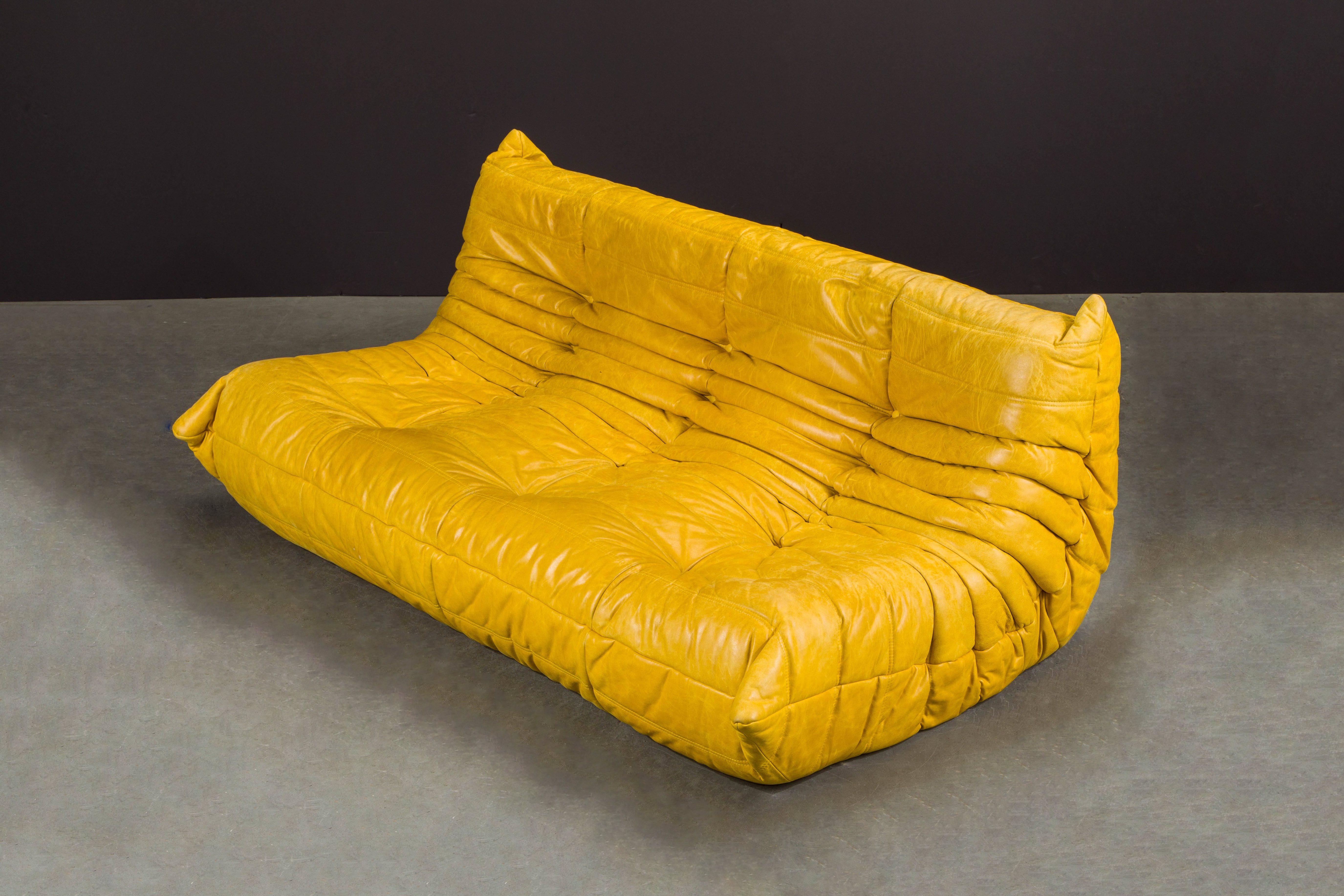 Yellow Leather 'Togo' Three Seat Sofa by Michel Ducaroy for Ligne Roset, Signed 3