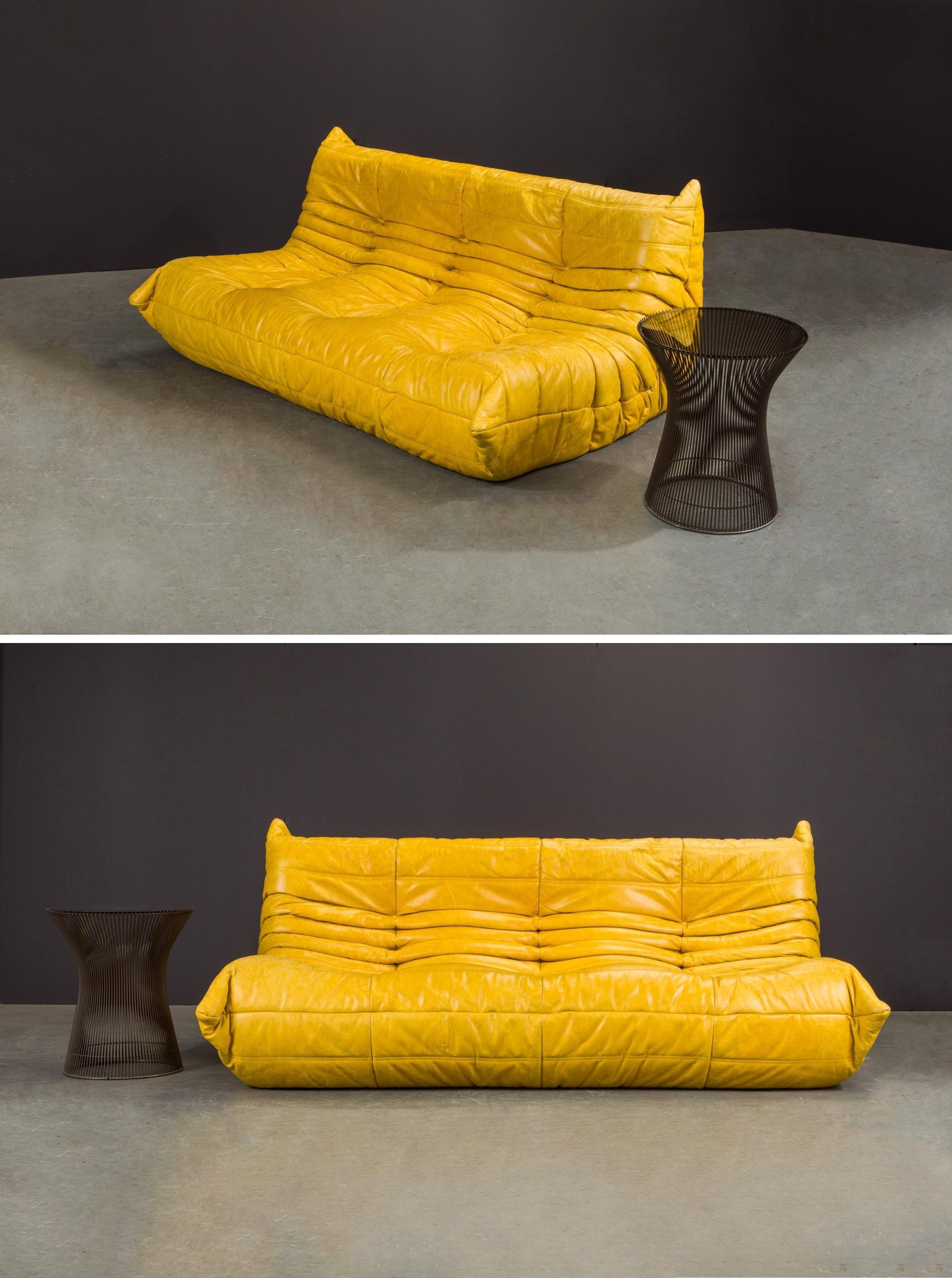 Yellow Leather 'Togo' Three Seat Sofa by Michel Ducaroy for Ligne Roset, Signed 4