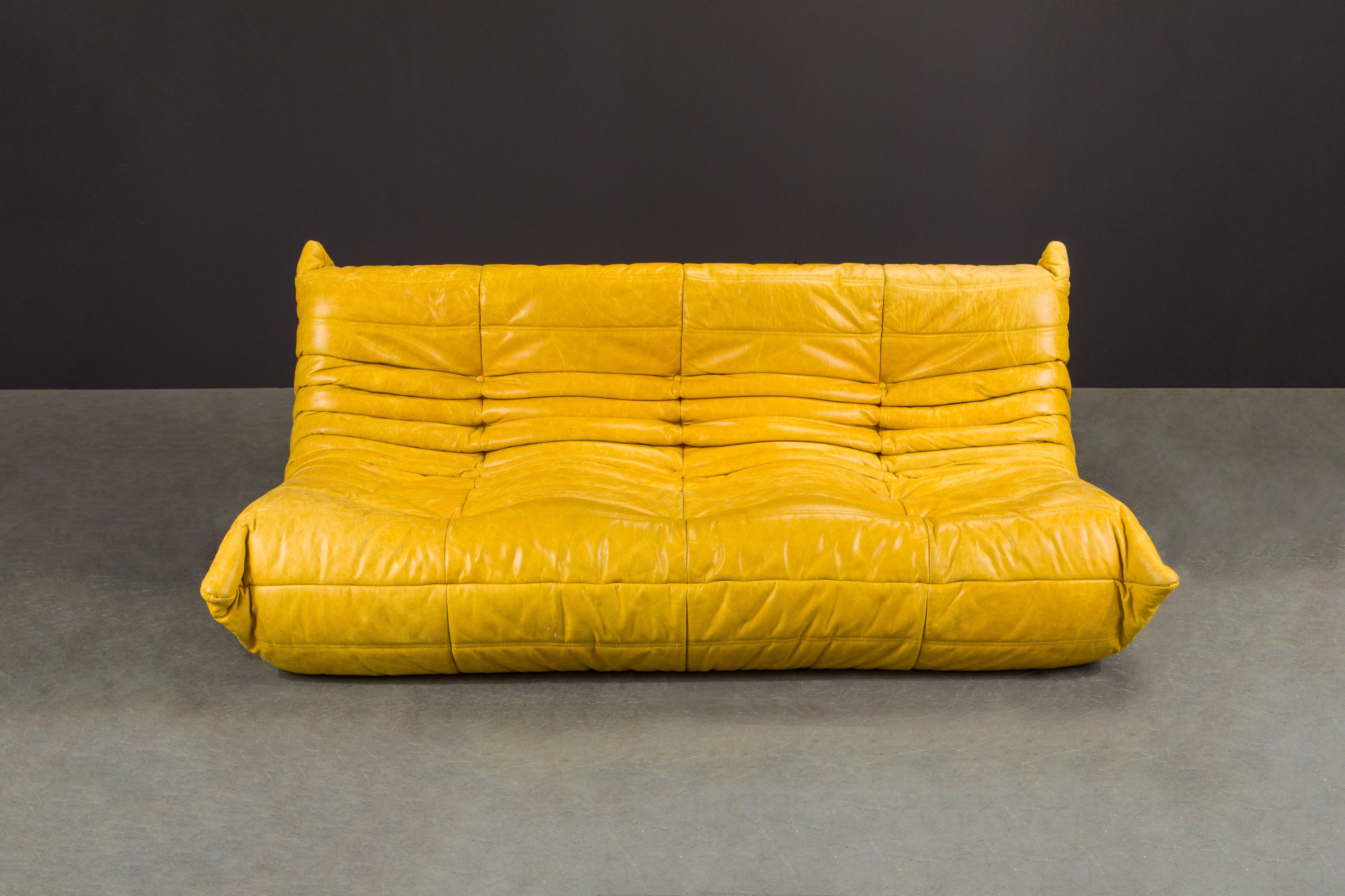 Yellow Leather 'Togo' Three Seat Sofa by Michel Ducaroy for Ligne Roset, Signed 5