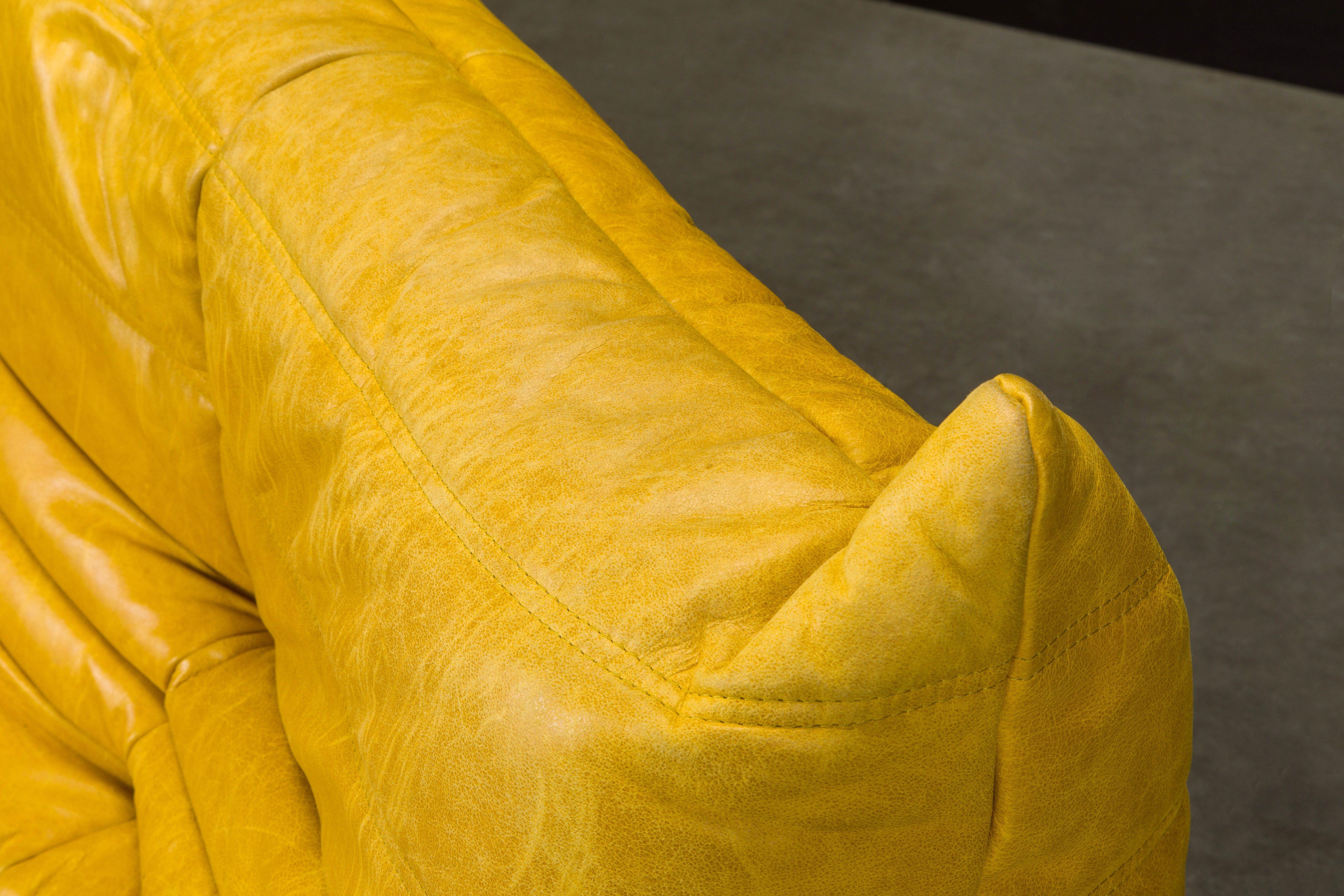 Yellow Leather 'Togo' Three Seat Sofa by Michel Ducaroy for Ligne Roset, Signed 7