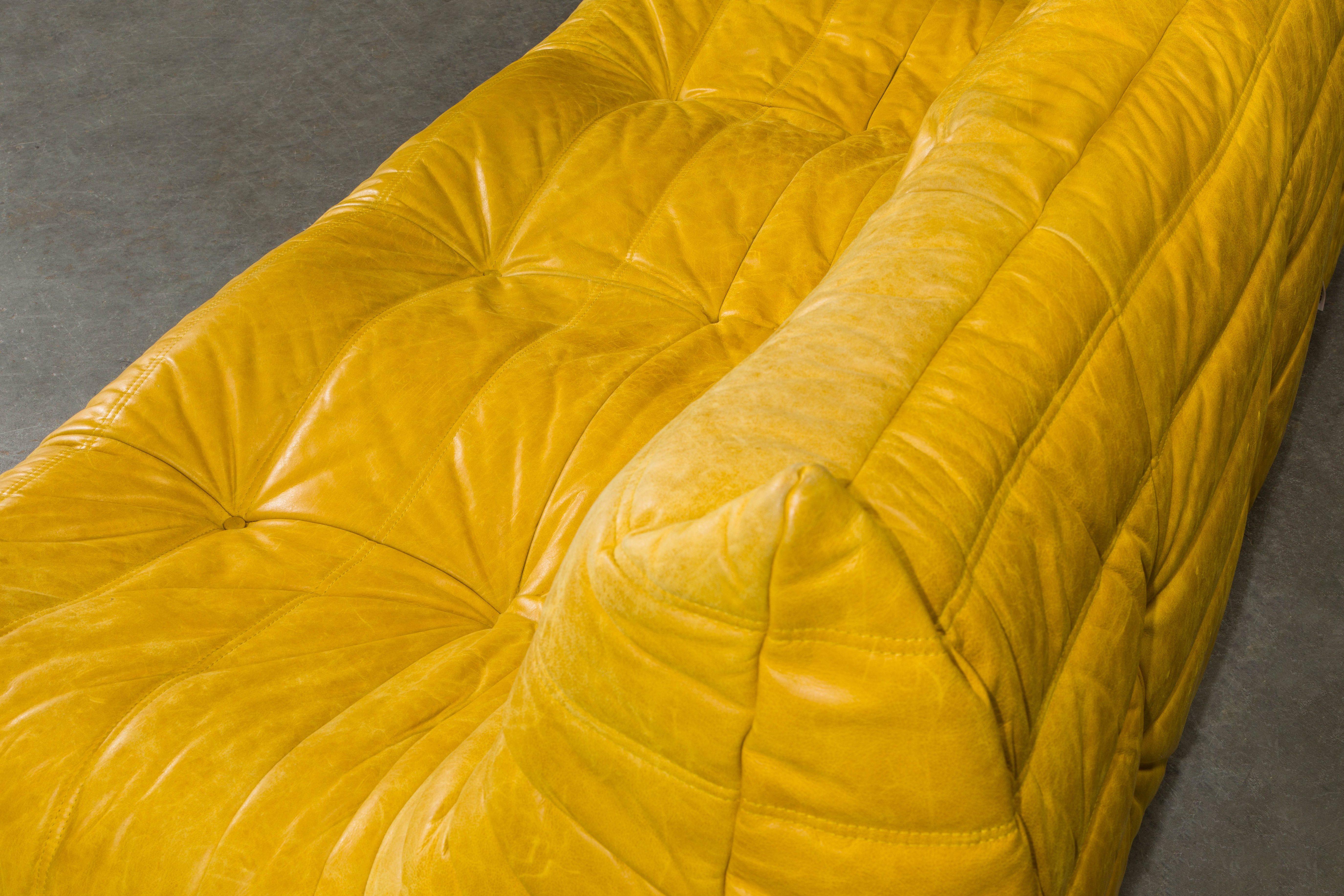 Yellow Leather 'Togo' Three Seat Sofa by Michel Ducaroy for Ligne Roset, Signed 8