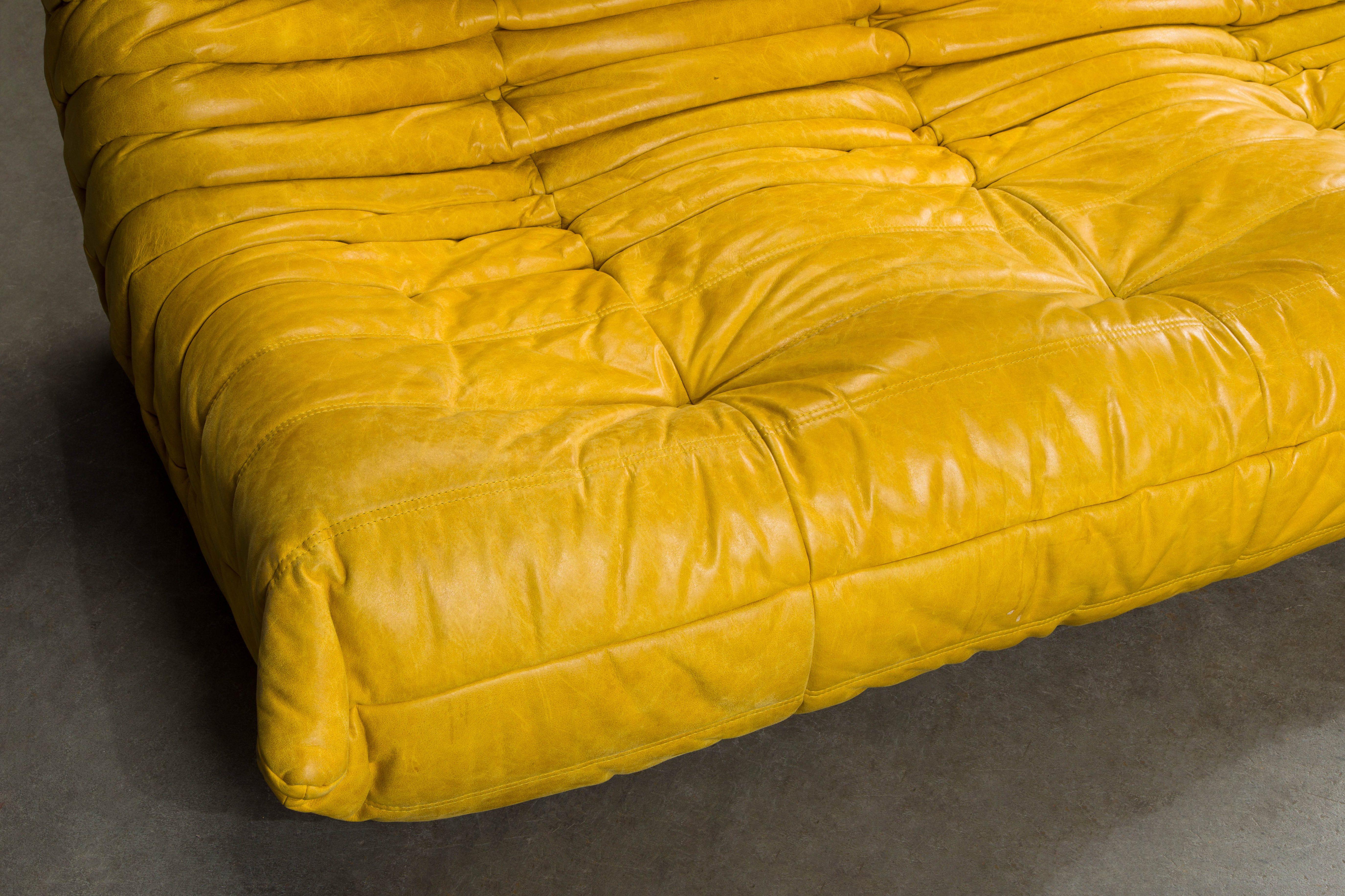 Yellow Leather 'Togo' Three Seat Sofa by Michel Ducaroy for Ligne Roset, Signed 9
