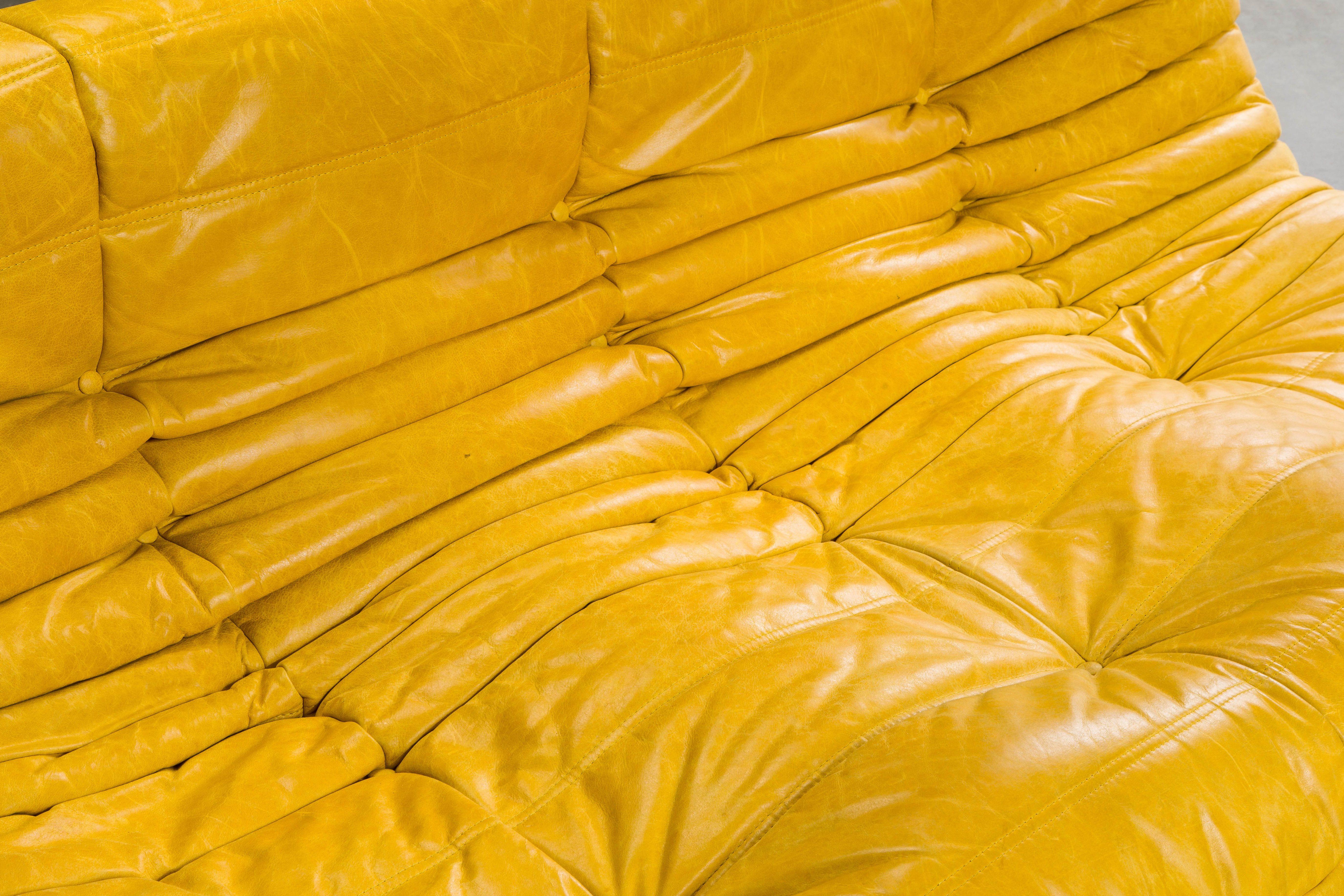Yellow Leather 'Togo' Three Seat Sofa by Michel Ducaroy for Ligne Roset, Signed 11