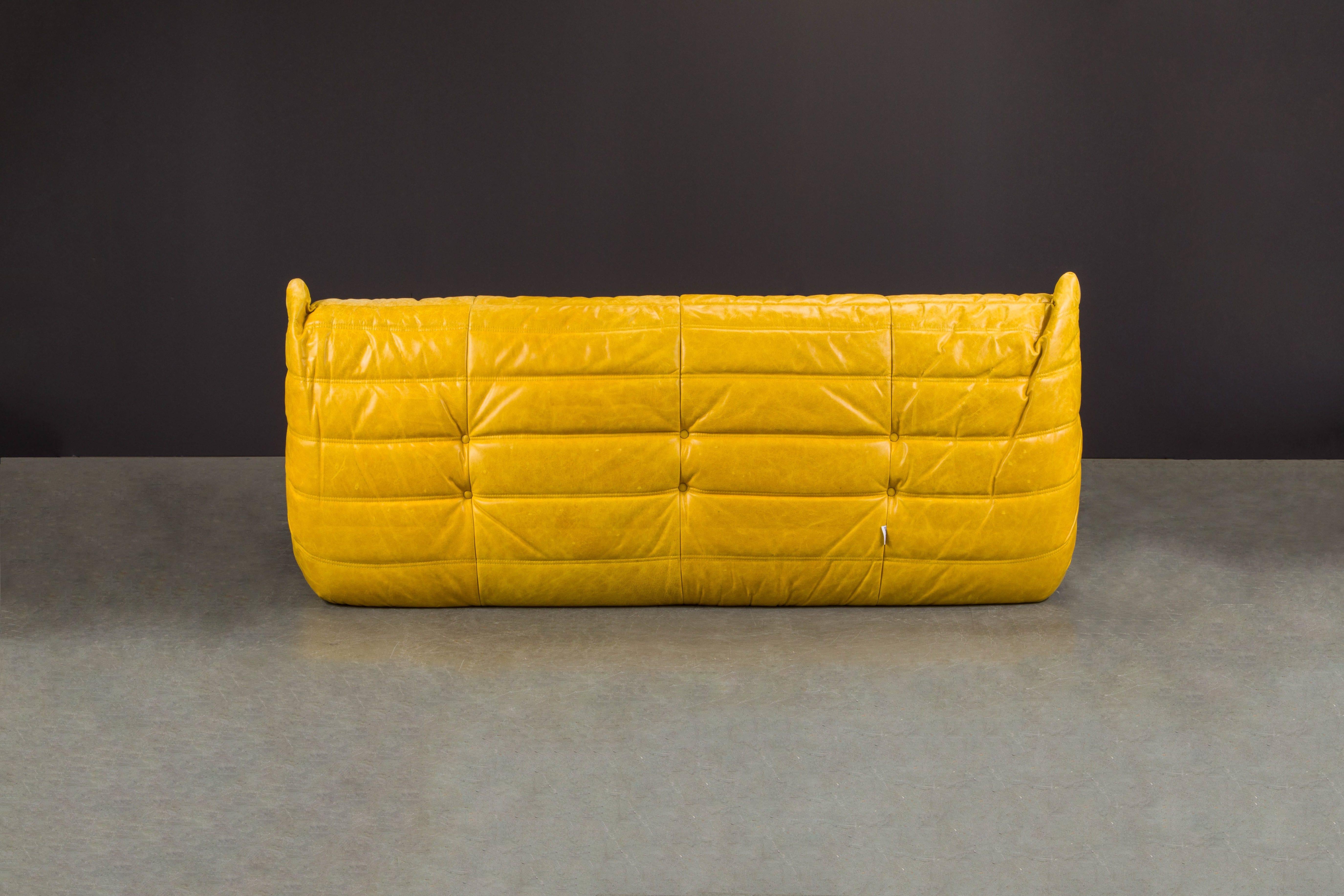 Yellow Leather 'Togo' Three Seat Sofa by Michel Ducaroy for Ligne Roset, Signed In Good Condition In Los Angeles, CA