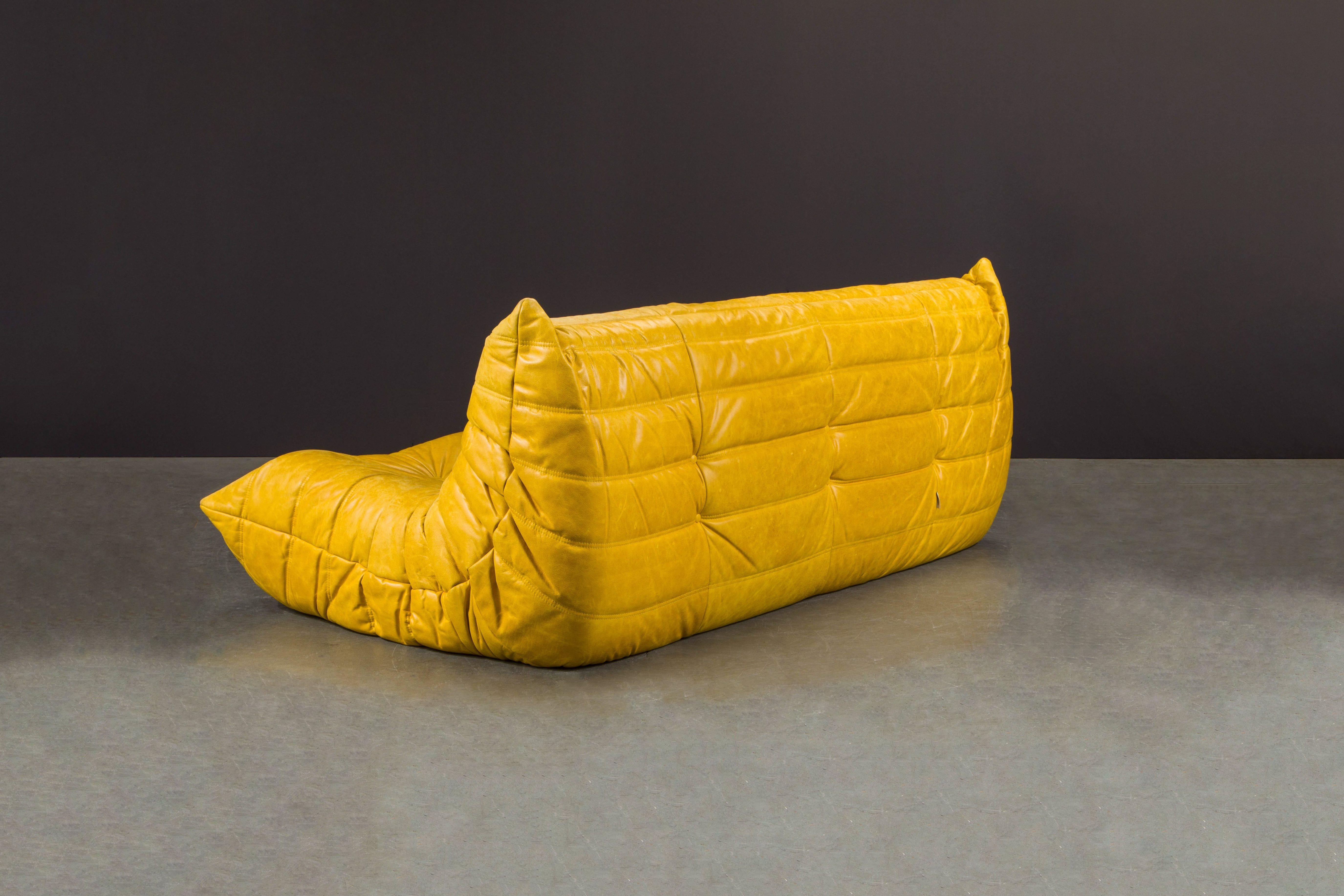 Late 20th Century Yellow Leather 'Togo' Three Seat Sofa by Michel Ducaroy for Ligne Roset, Signed
