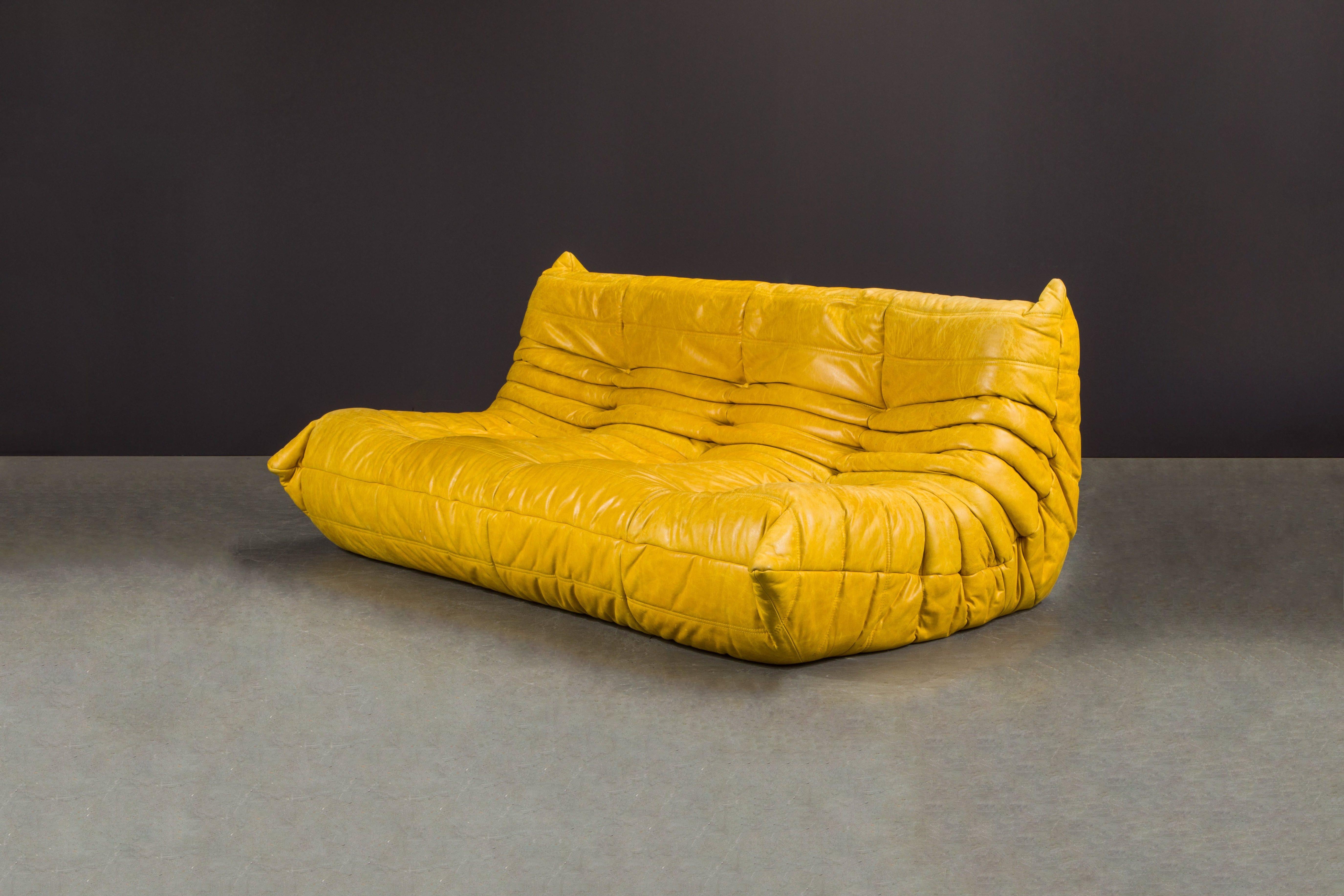 Yellow Leather 'Togo' Three Seat Sofa by Michel Ducaroy for Ligne Roset, Signed 2