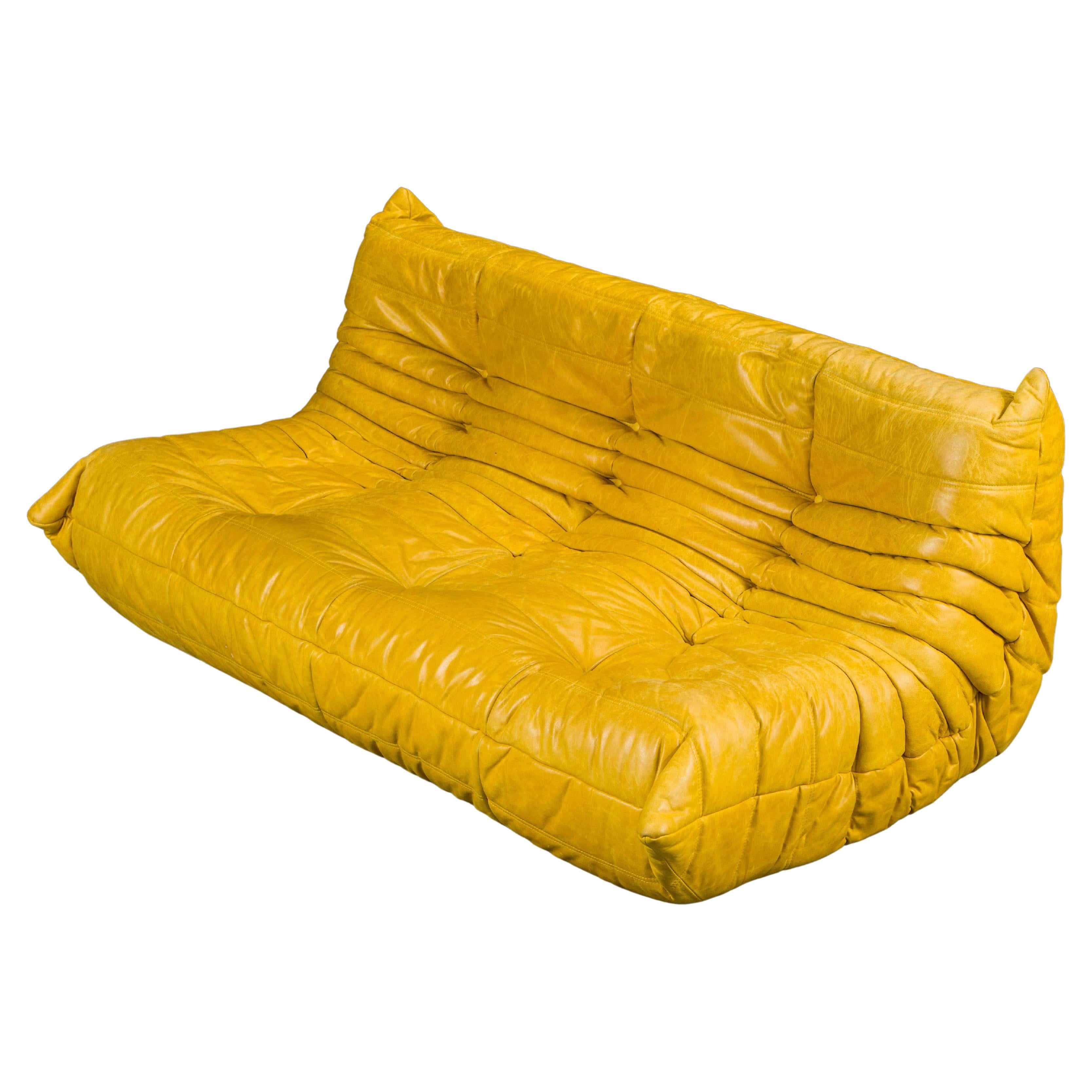 Yellow Leather 'Togo' Three Seat Sofa by Michel Ducaroy for Ligne Roset, Signed