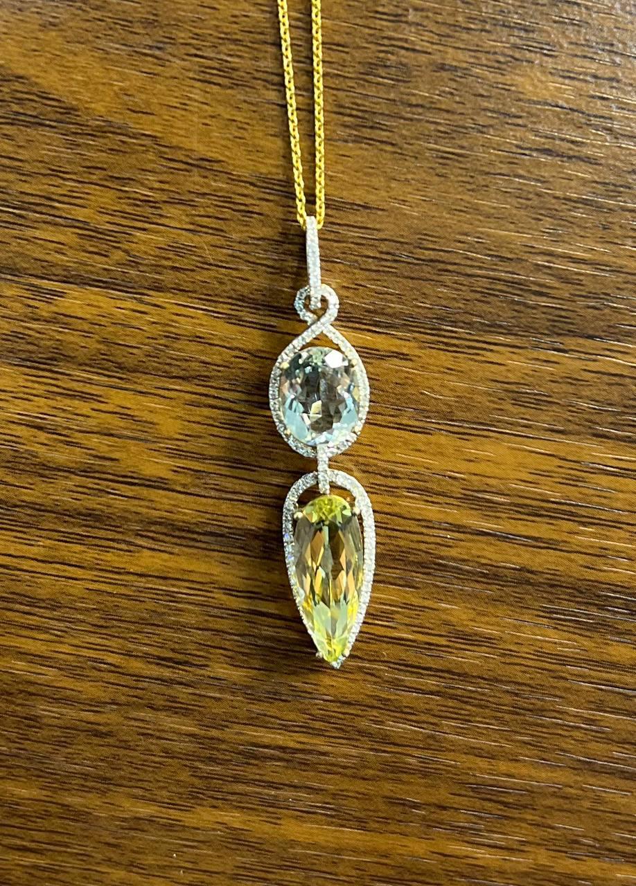 Taille poire Collier pendentif en or 14 carats avec quartz jaune citron, améthyste verte et Prasiolite en vente