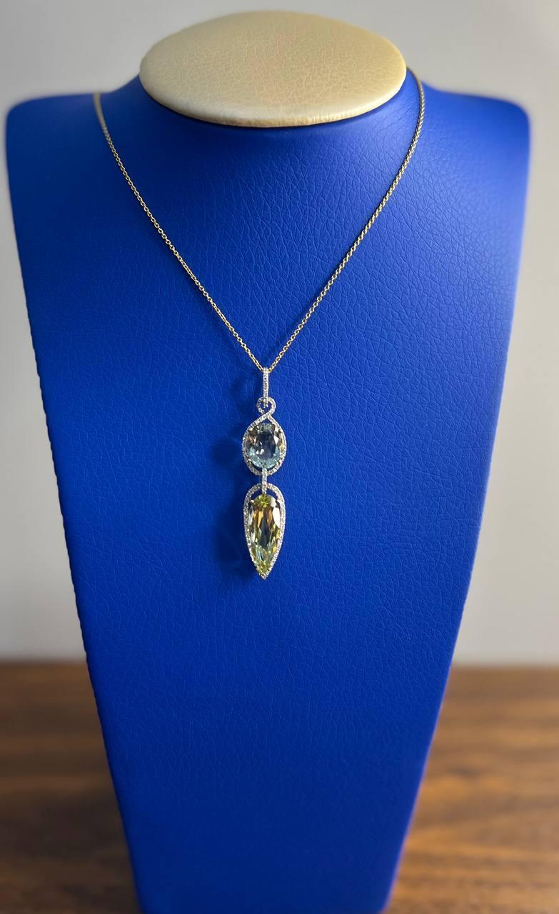 Collier pendentif en or 14 carats avec quartz jaune citron, améthyste verte et Prasiolite en vente 2