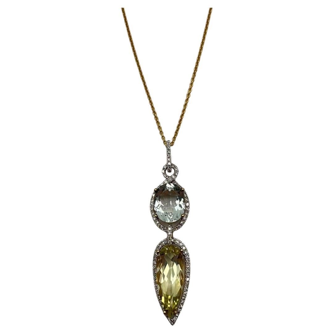 Yellow Lemon Quartz Green Amethyst Prasiolite 14K Gold Diamond Pendant Necklace