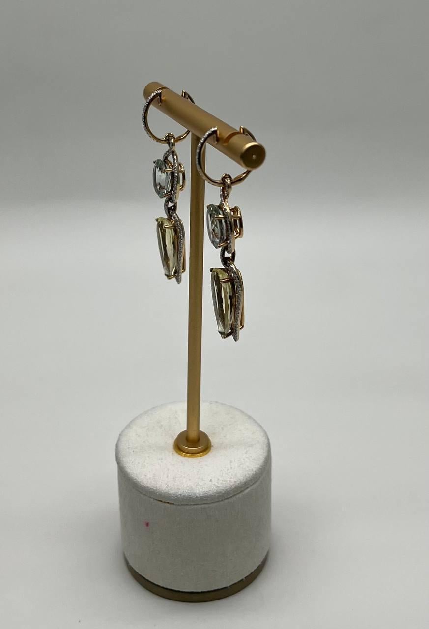 Donna Orecchini con diamanti in oro 14K con quarzo giallo e limone, ametista verde e prasiolite in vendita