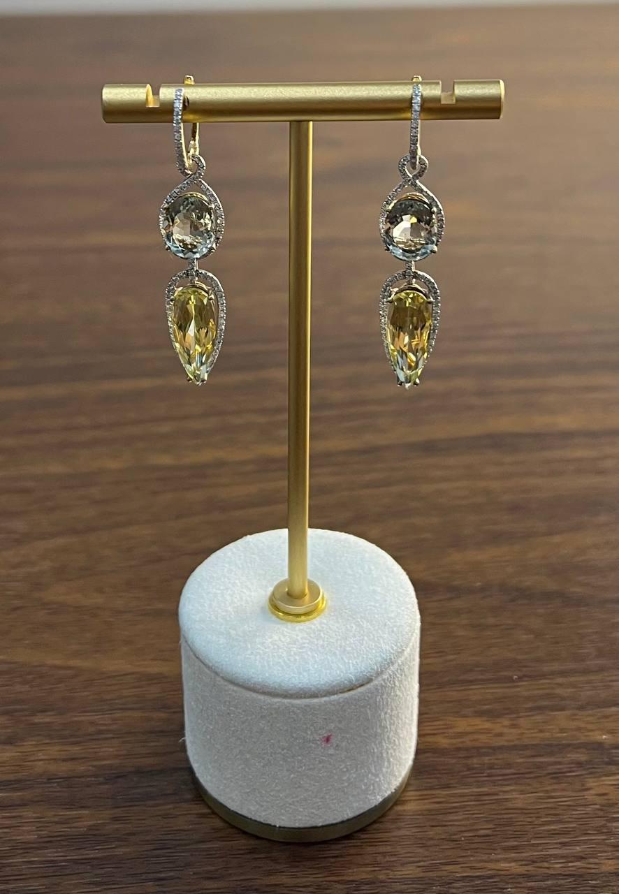 Orecchini con diamanti in oro 14K con quarzo giallo e limone, ametista verde e prasiolite in vendita 1