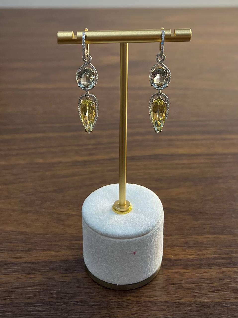Orecchini con diamanti in oro 14K con quarzo giallo e limone, ametista verde e prasiolite in vendita 2