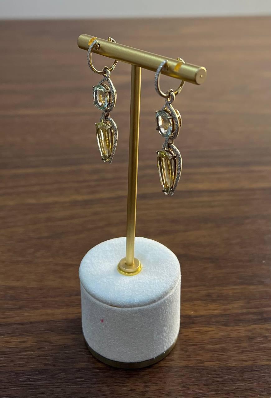 Orecchini con diamanti in oro 14K con quarzo giallo e limone, ametista verde e prasiolite in vendita 3