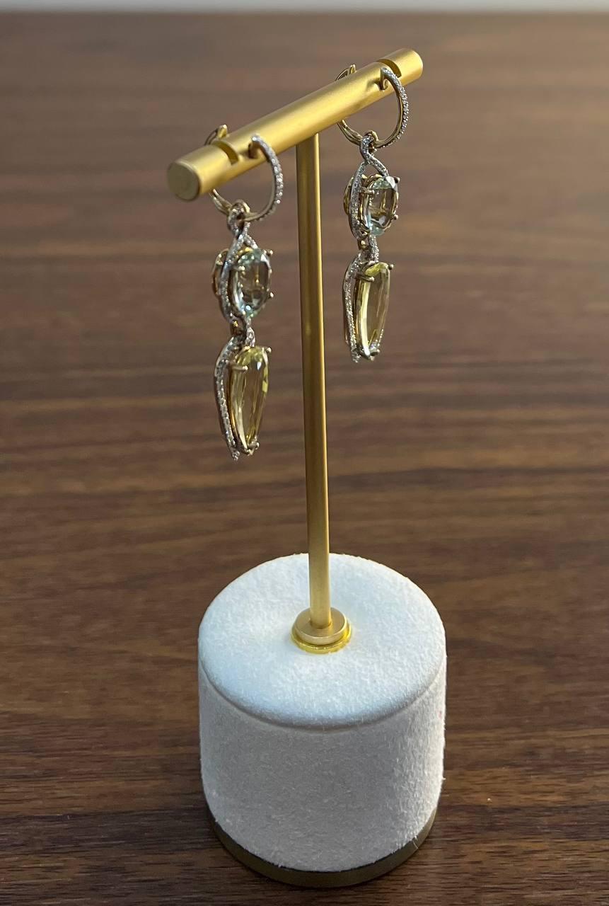 Orecchini con diamanti in oro 14K con quarzo giallo e limone, ametista verde e prasiolite in vendita 4