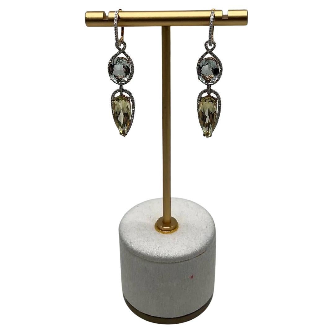 Pendientes Cuarzo Amarillo Limón Amatista Verde Prasiolita Oro de 14 K Gota de Diamantes