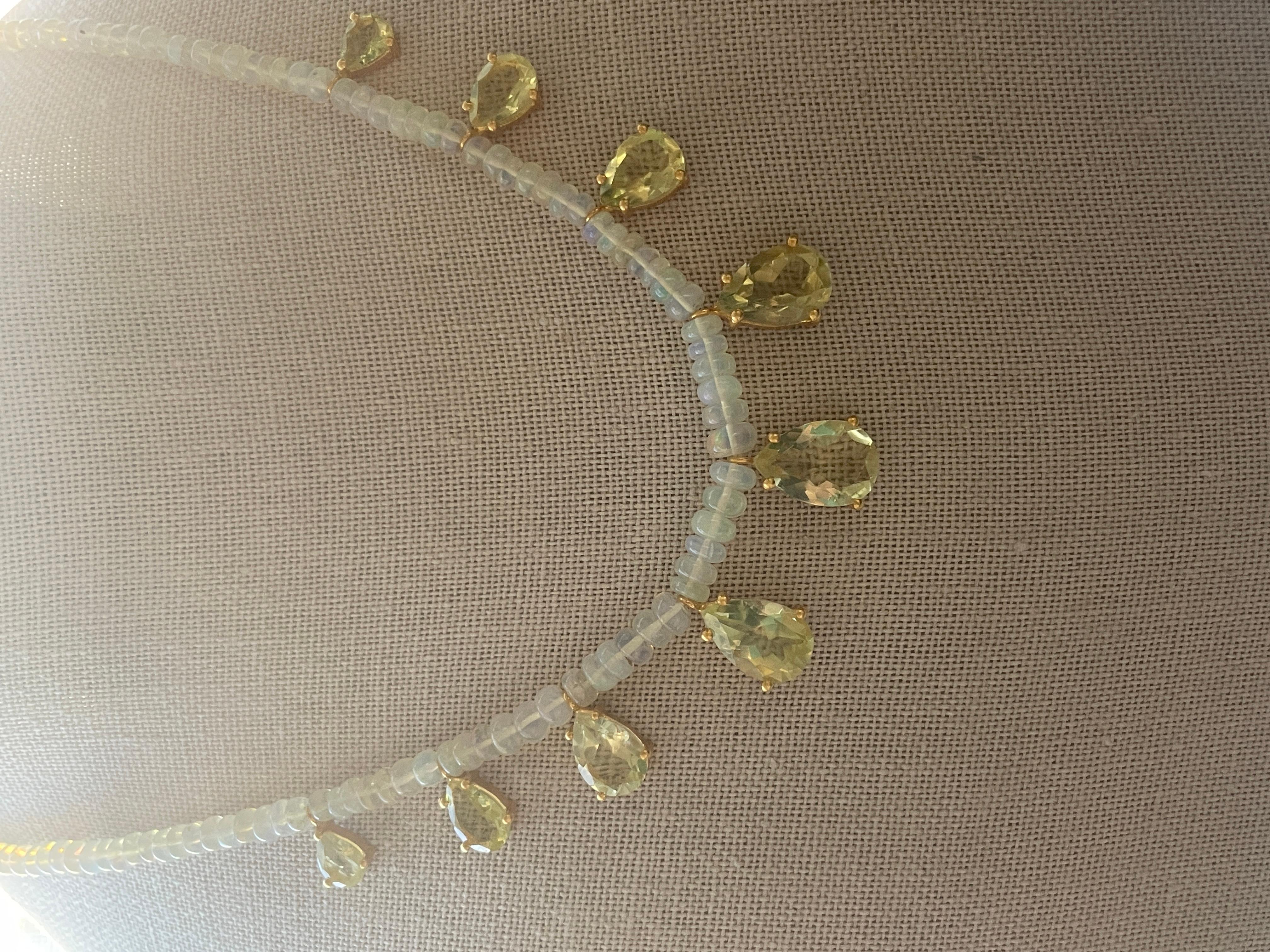8.6 Carat Yellow Lemon Topaz & Rainbow Opal Gold Beaded Necklace  For Sale 2