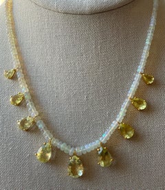 8.6 Carat Yellow Lemon Topaz & Rainbow Opal Gold Beaded Necklace 