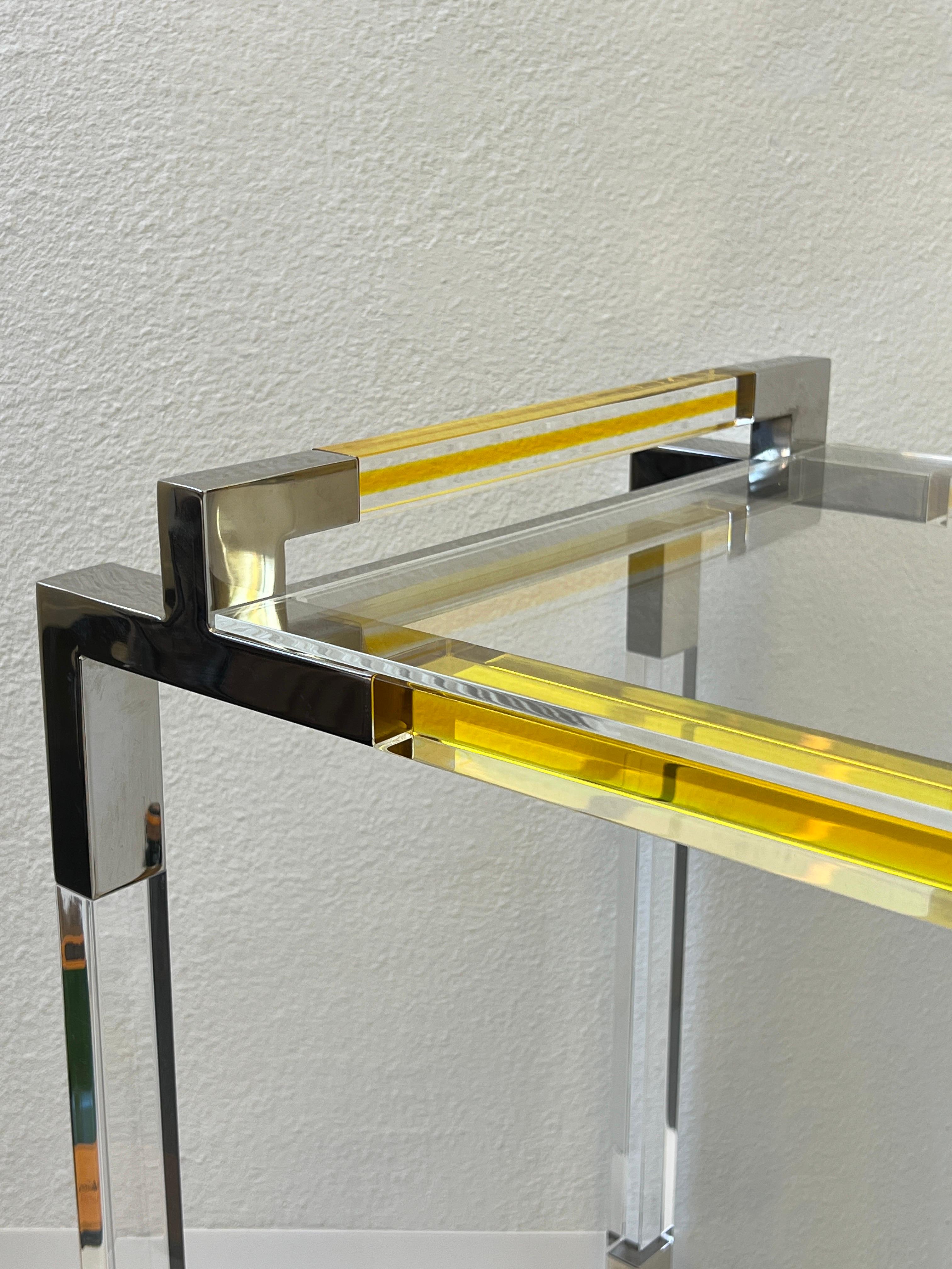 Polished Yellow Lucite and Chrome Bar Cart by Charles Hollis Jones 