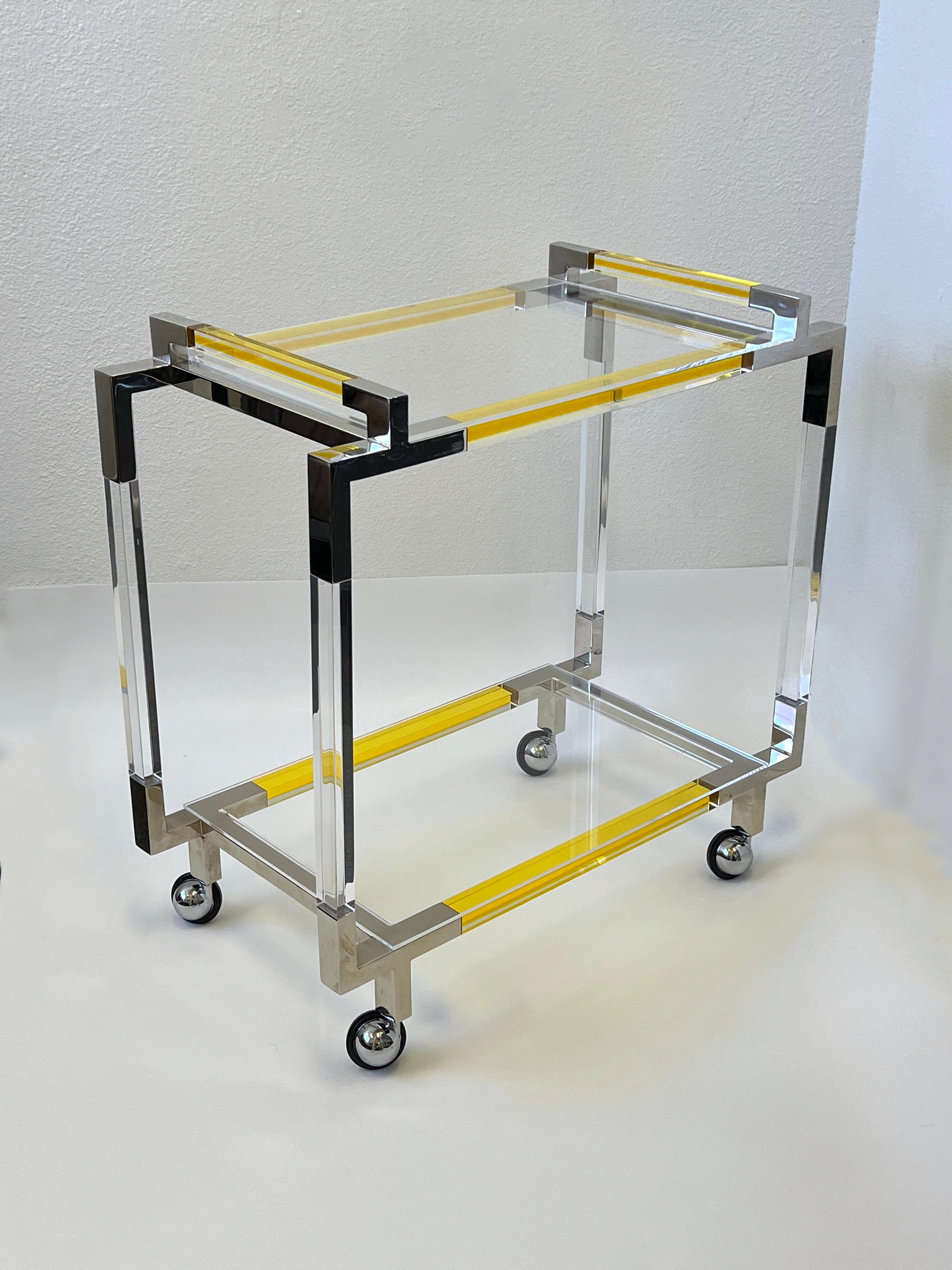 Yellow Lucite and Chrome Bar Cart by Charles Hollis Jones  In Excellent Condition In Palm Springs, CA