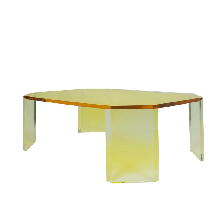 American Yellow Lucite Coffee Table For Sale