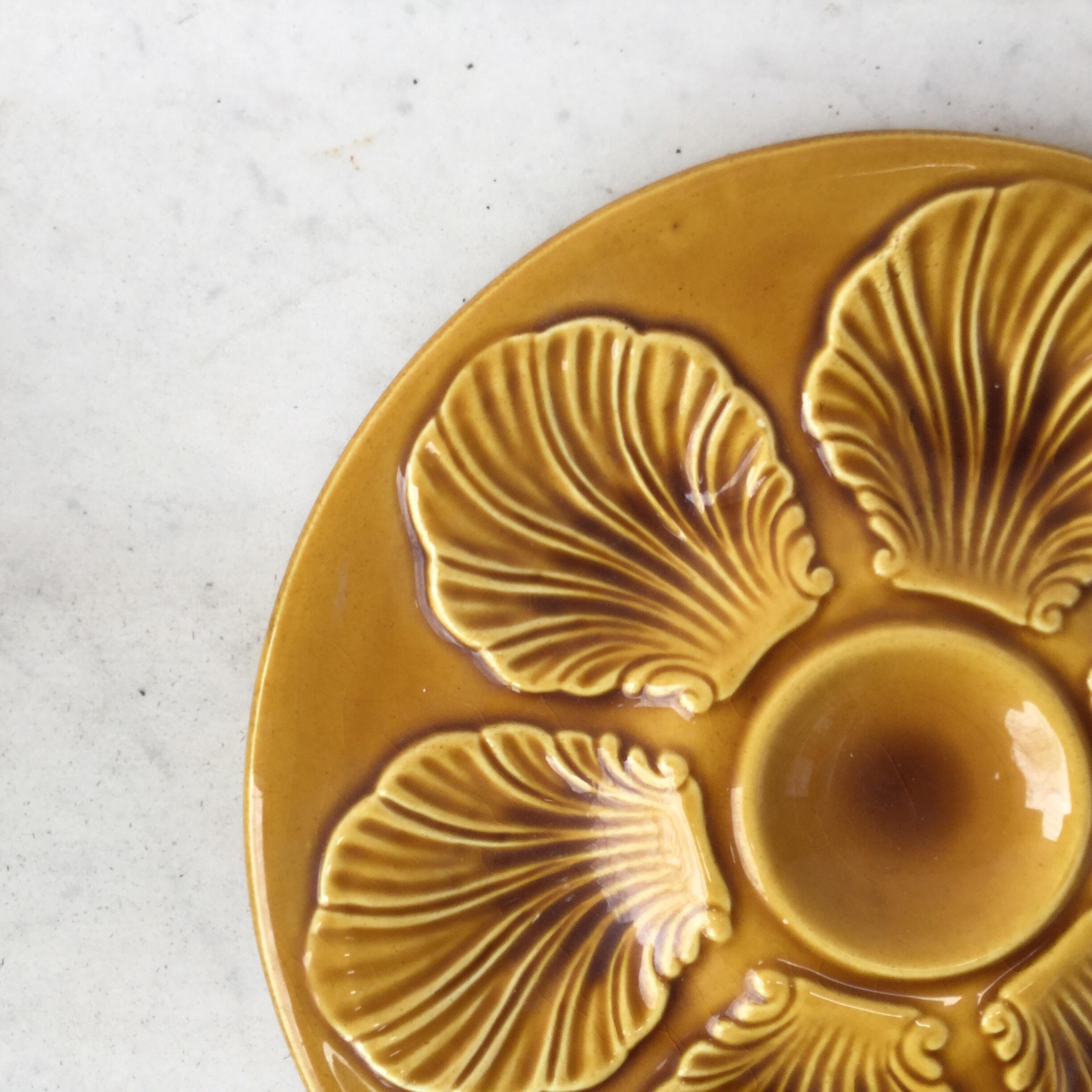 Mid-Century Modern French Yellow Majolica Oyster Plate, circa 1950 For Sale