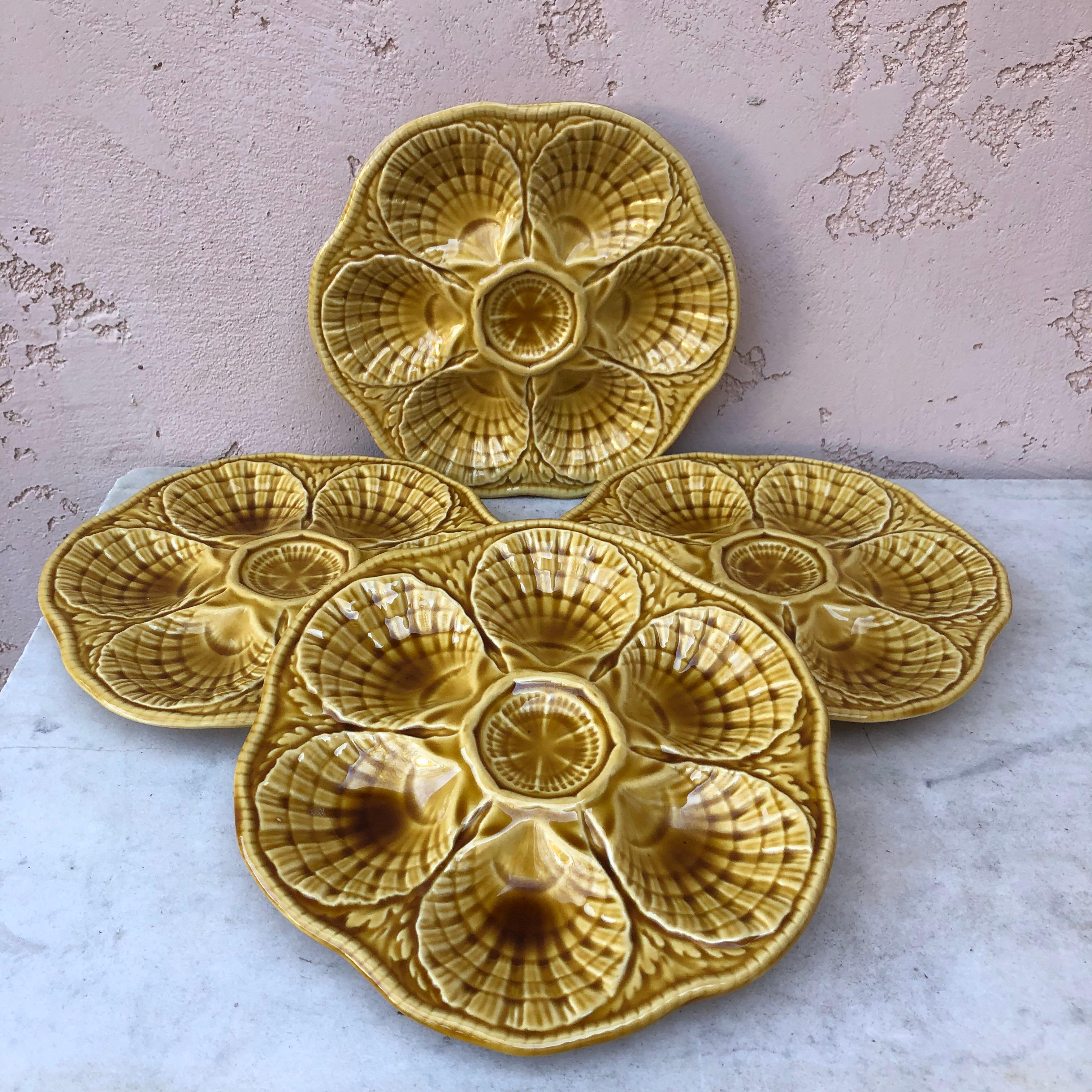 French Yellow Majolica Oyster Plate Sarreguemines, Circa 1930 For Sale