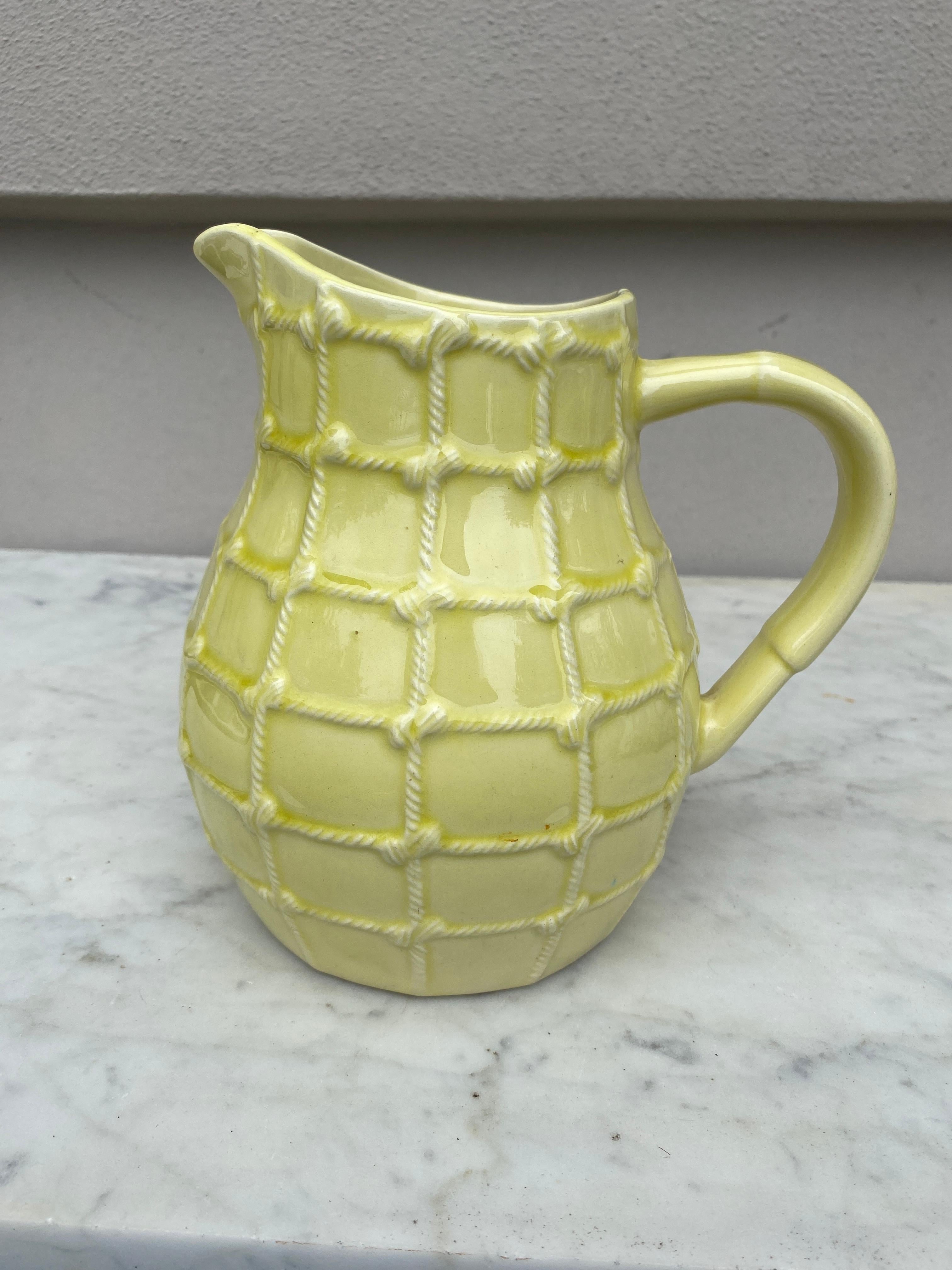 French Yellow Majolica Rope Pitcher Saint Clement, Circa 1950 For Sale