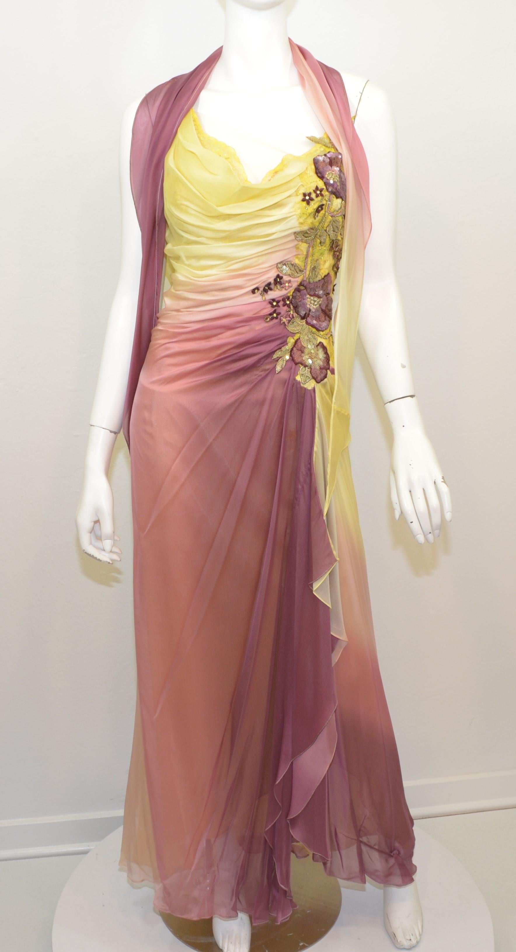 Yellow, Mauve Ombre Design Dress with Lace and Bead Embellishment -- chiffon dress featured in a yellow and mauve ombré style with flower embroidery, bead, sequin, and lace detail. Dress has a side zipper fastening and includes a scarf/sash.