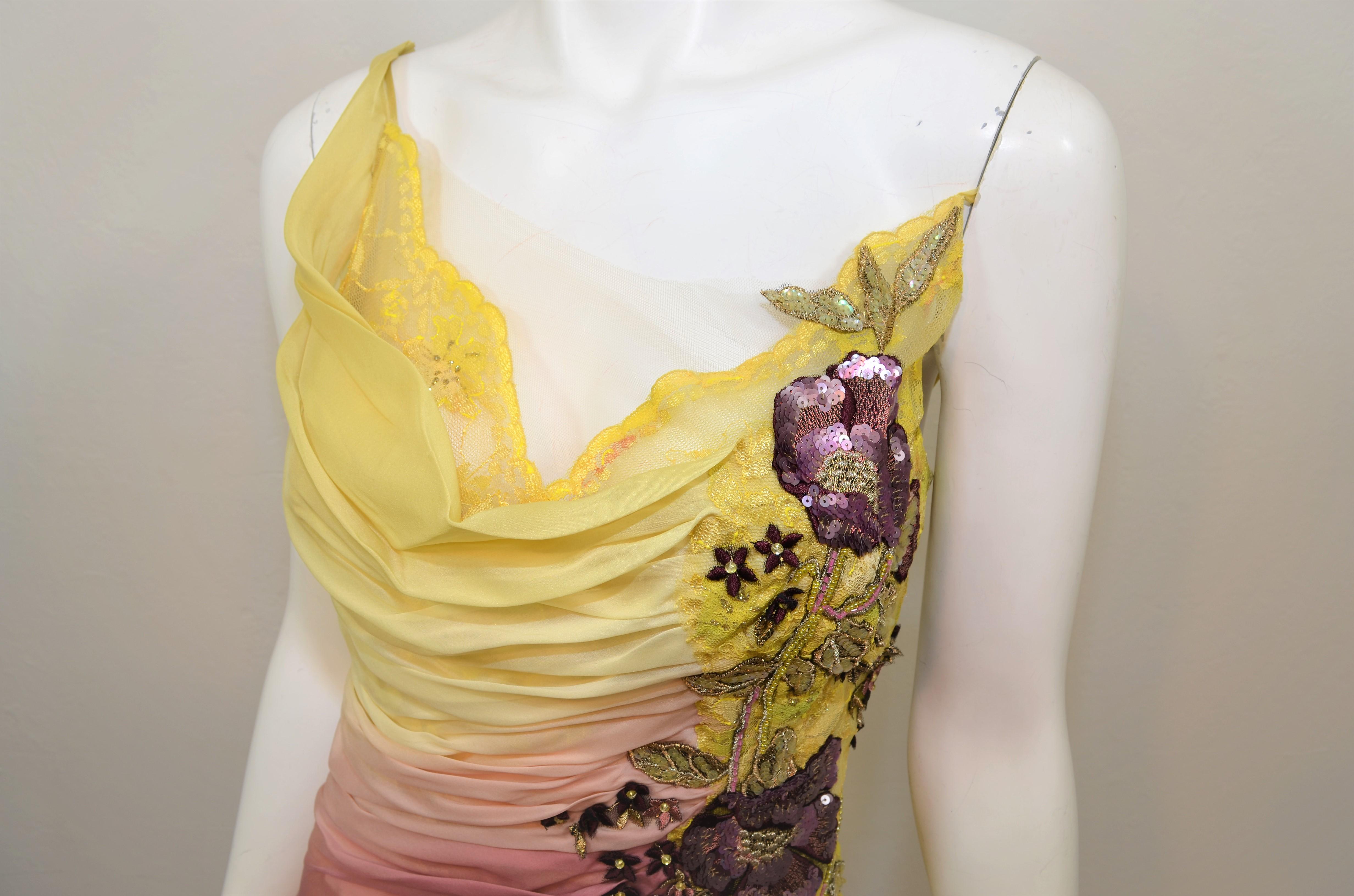 Brown Yellow, Mauve Ombre Chiffon Dress with Lace and Bead Embellishment