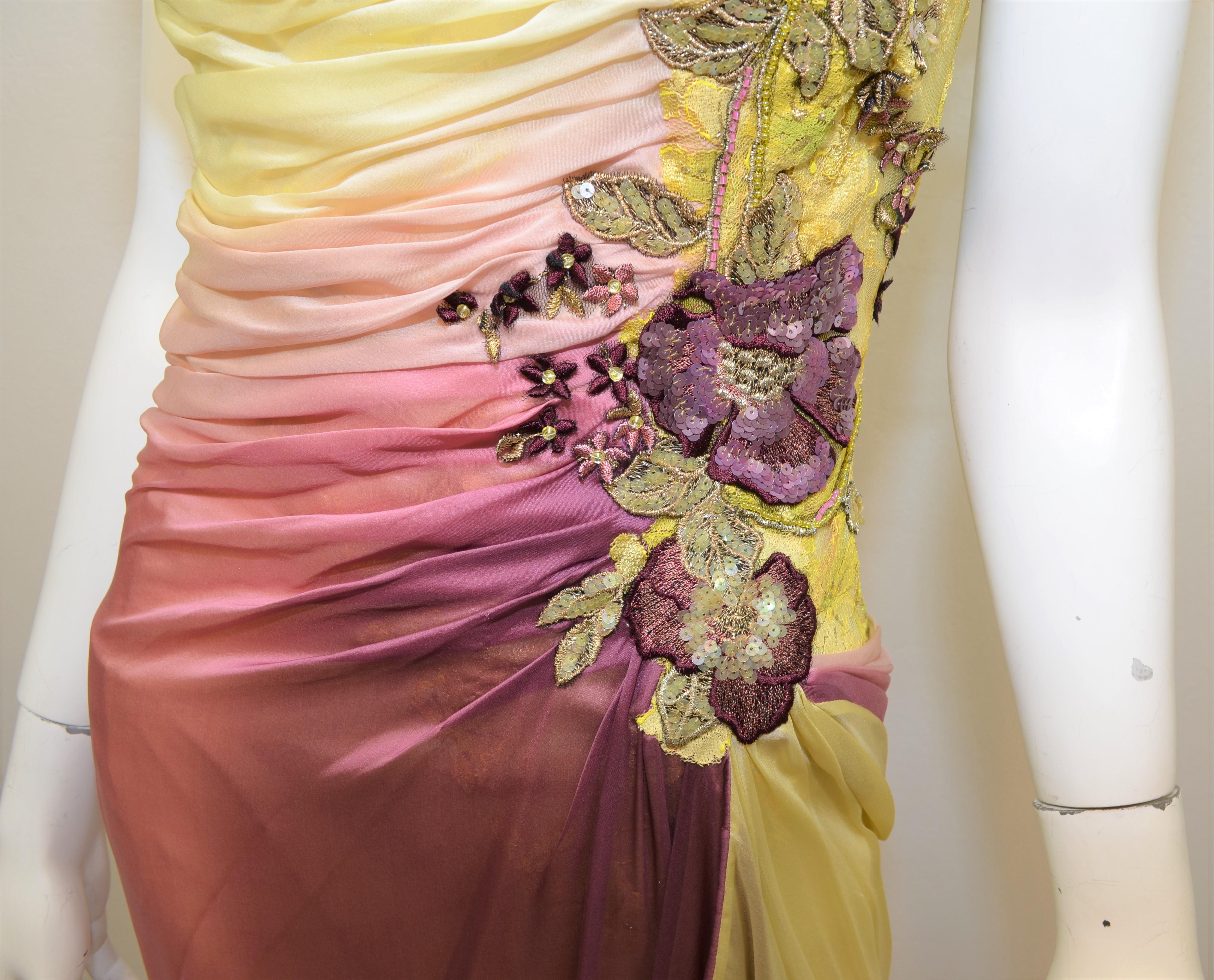 Yellow, Mauve Ombre Chiffon Dress with Lace and Bead Embellishment In Excellent Condition In Carmel, CA