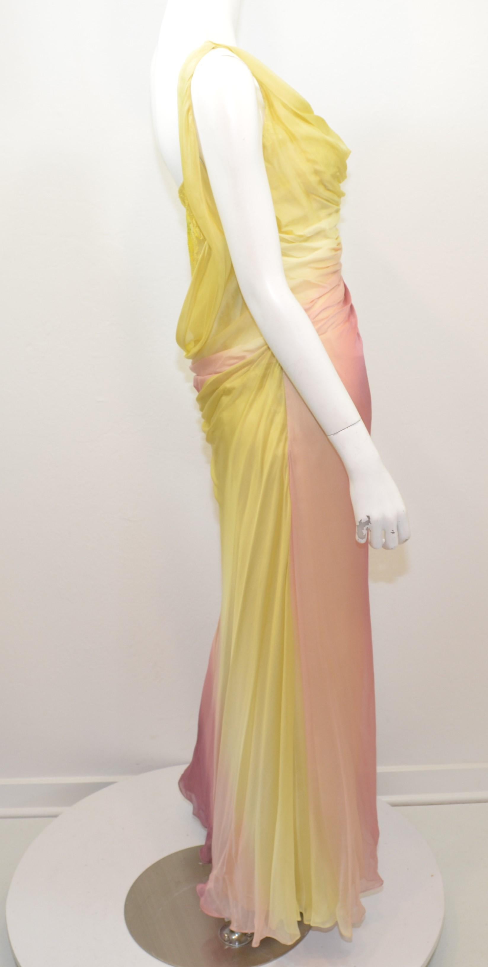 Women's Yellow, Mauve Ombre Chiffon Dress with Lace and Bead Embellishment