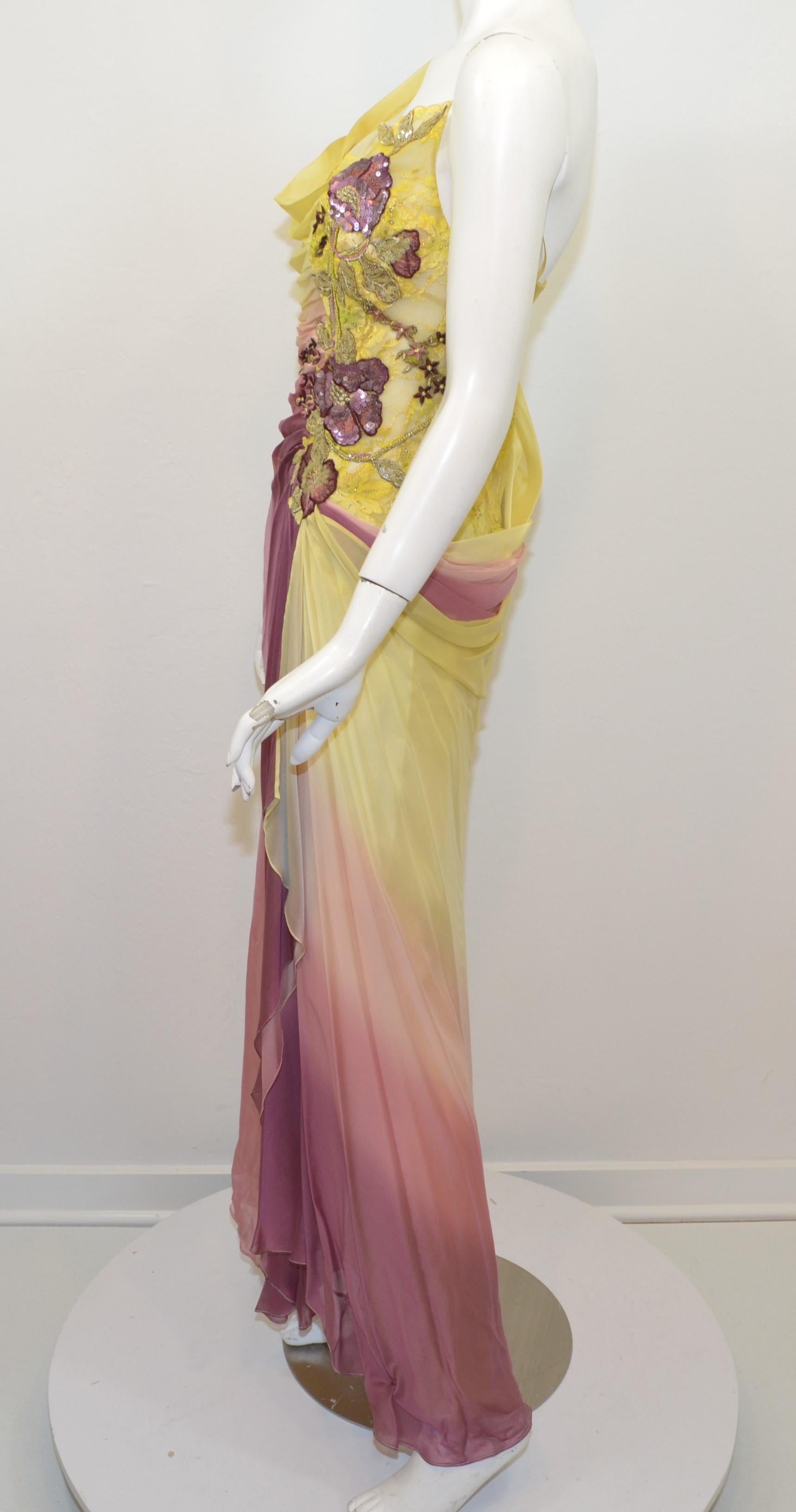 Yellow, Mauve Ombre Chiffon Dress with Lace and Bead Embellishment 1