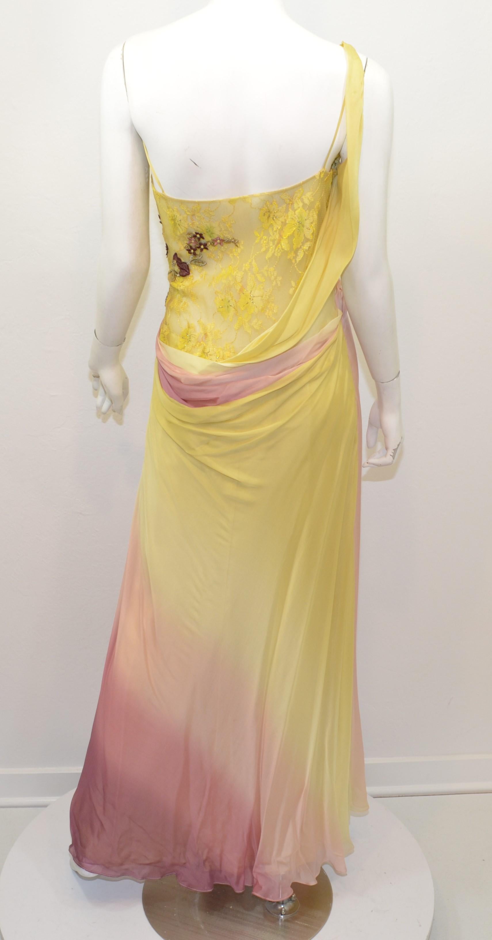 Yellow, Mauve Ombre Chiffon Dress with Lace and Bead Embellishment 2