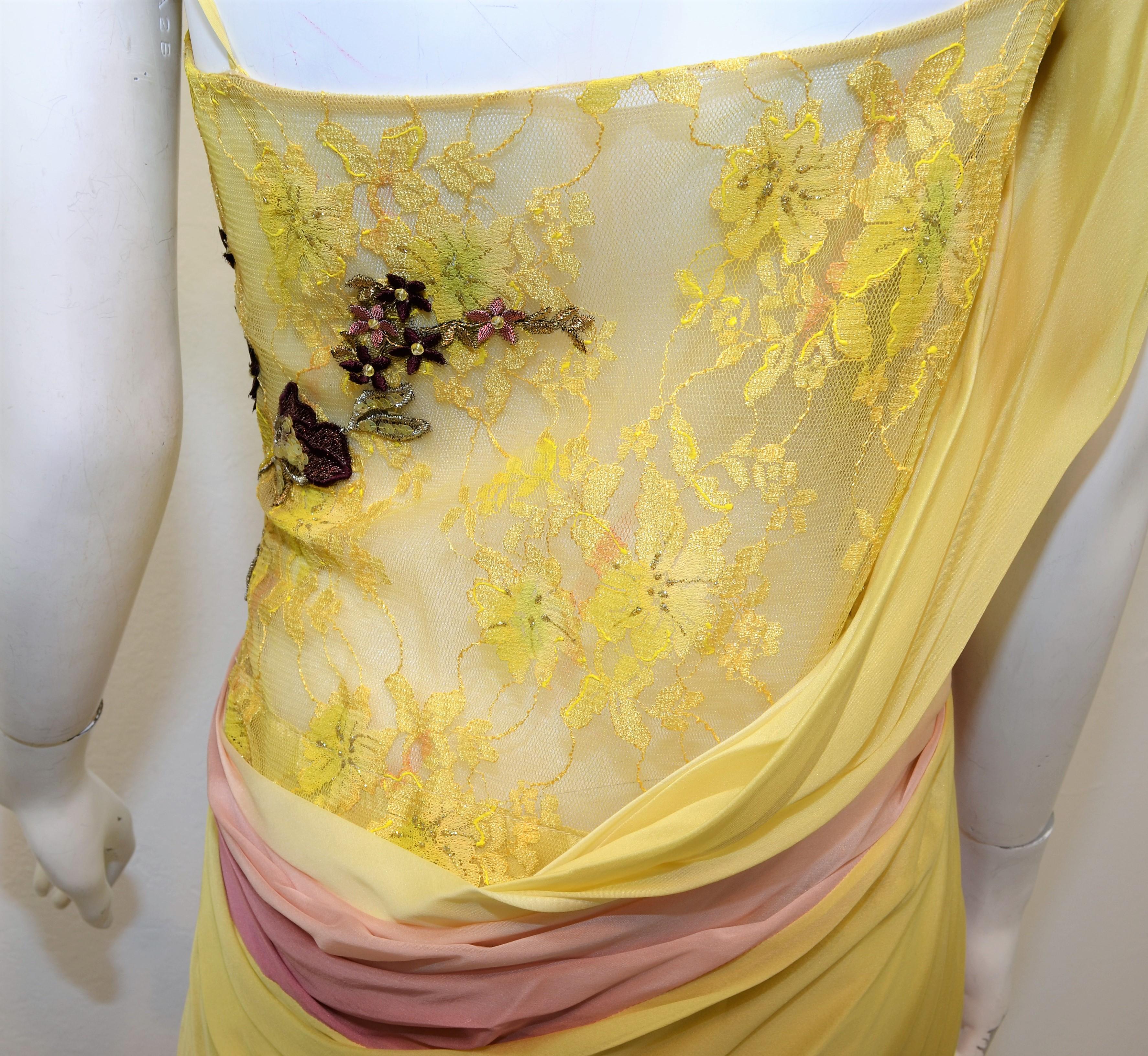 Yellow, Mauve Ombre Chiffon Dress with Lace and Bead Embellishment 3