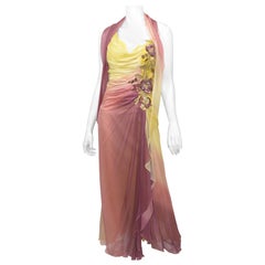 Yellow, Mauve Ombre Chiffon Dress with Lace and Bead Embellishment