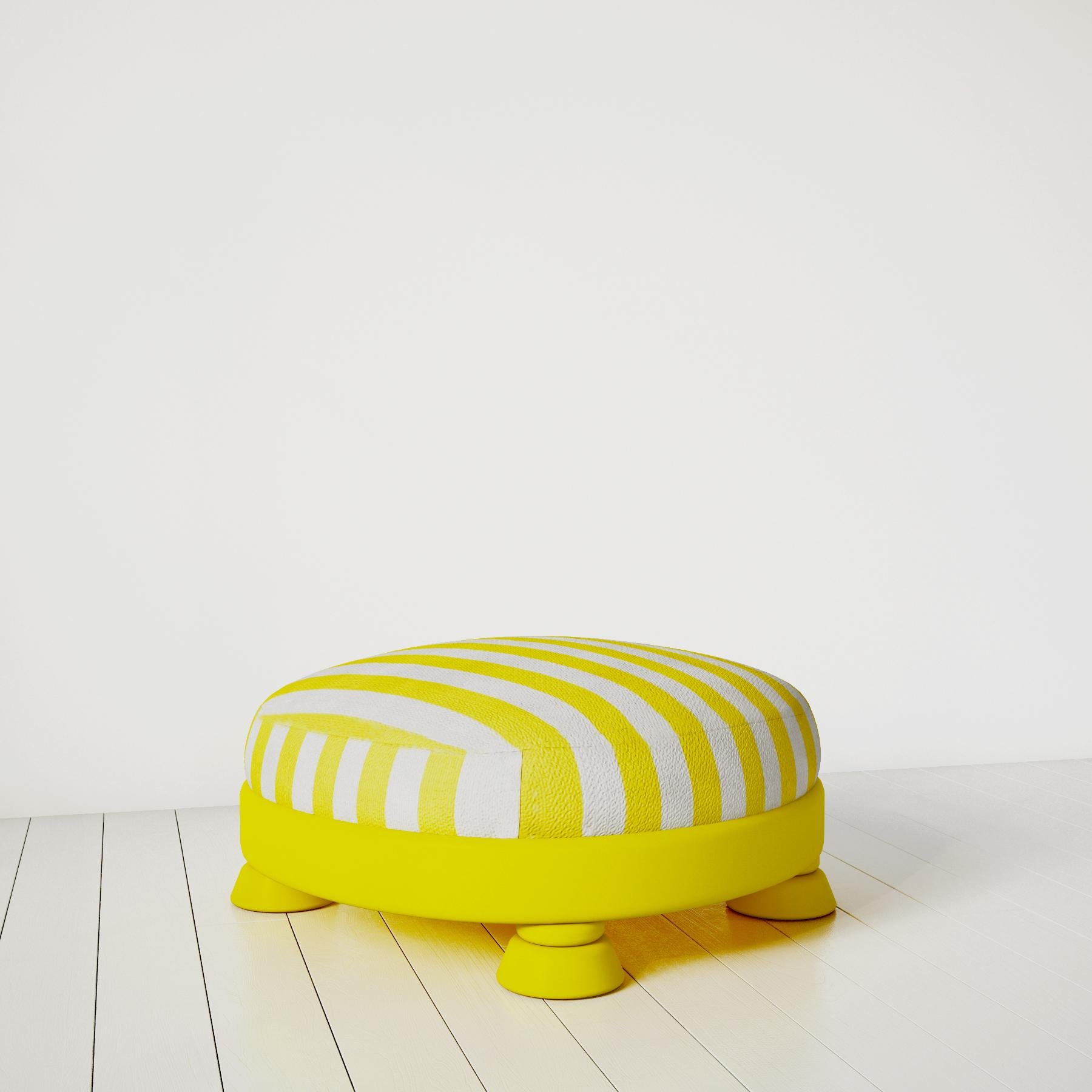 Yellow Mellow Pouf
Yellow Mellow Pouf, a fun and colorful addition to your living spaces. Its vibrant color adds energy, while the soft details of its form highlight a neotenik style.

Production Method and Material
With its striped fabric that can