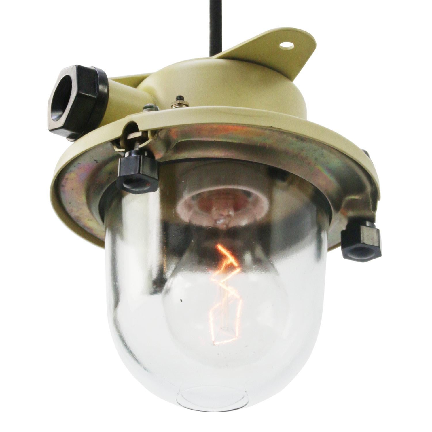 Ukrainian Yellow Metal Clear Glass Vintage Industrial Pendant Lights For Sale