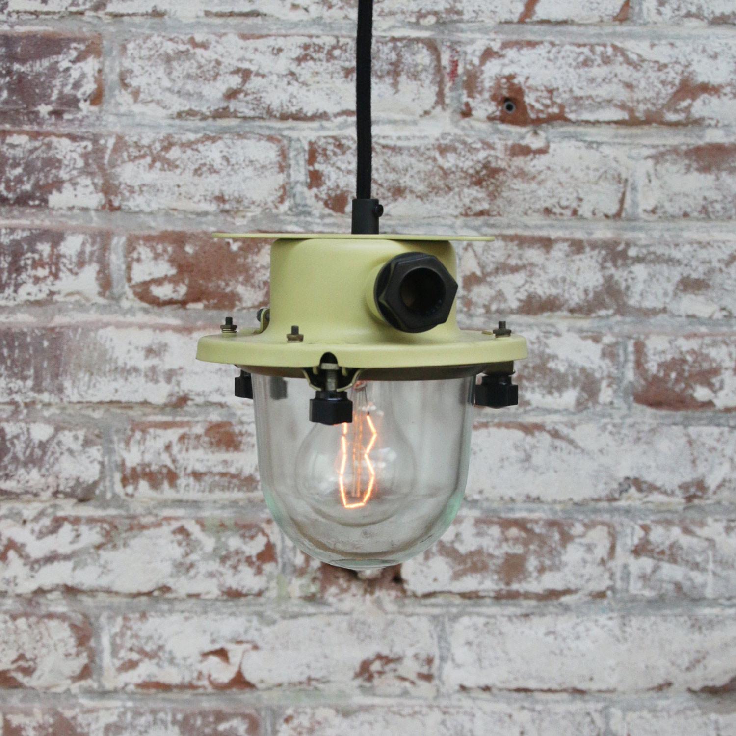 Yellow Metal Clear Glass Vintage Industrial Pendant Lights In Good Condition For Sale In Amsterdam, NL