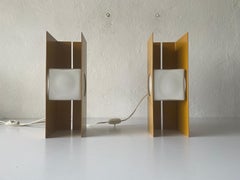 Yellow Metal Cube Glass Space Age Pair of Table Lamps by Luci, 1970s, Italy