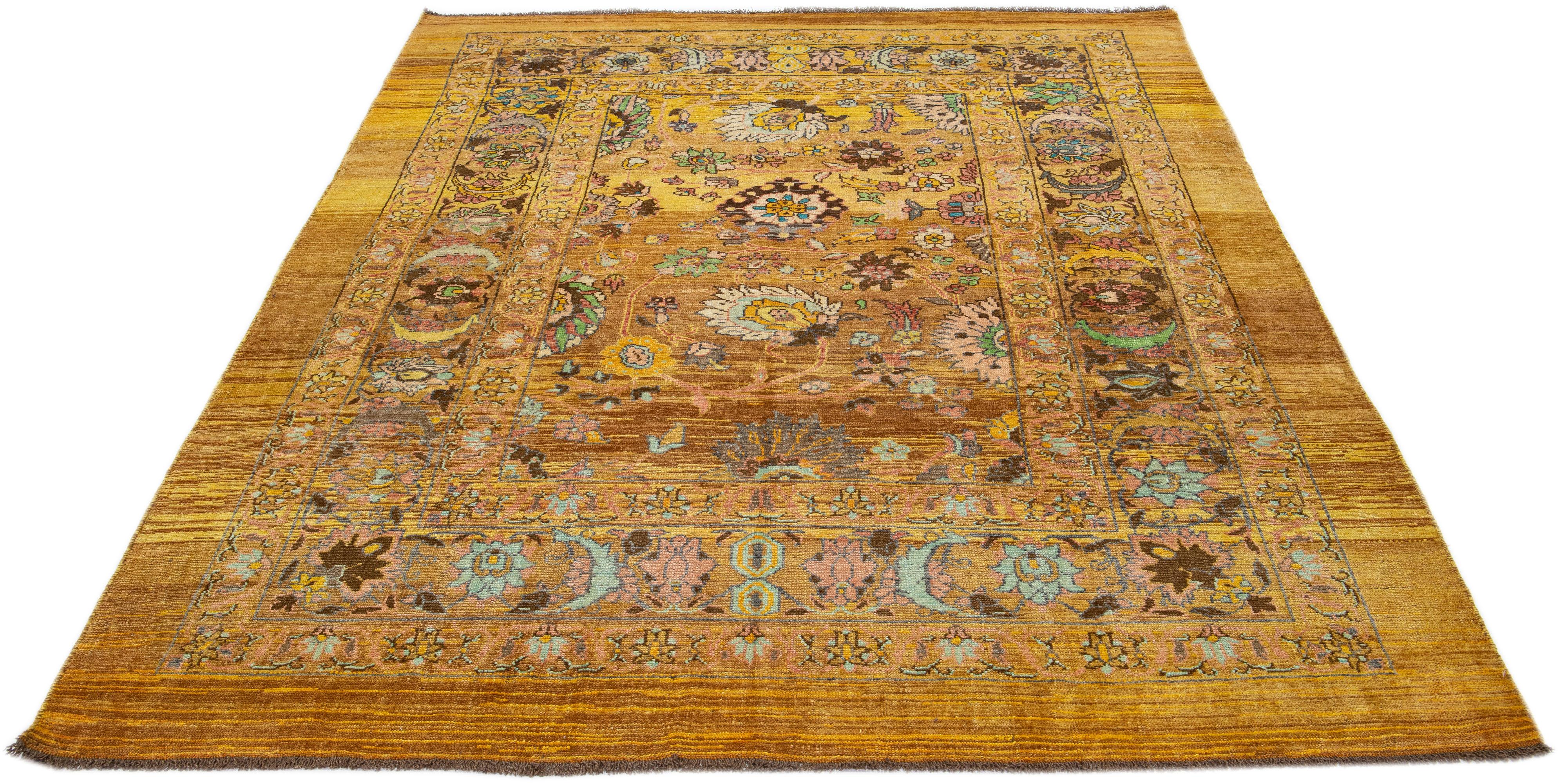Afghan Yellow Mid-Century Modern Style Handmade Wool Rug with Floral Design by Apadana For Sale