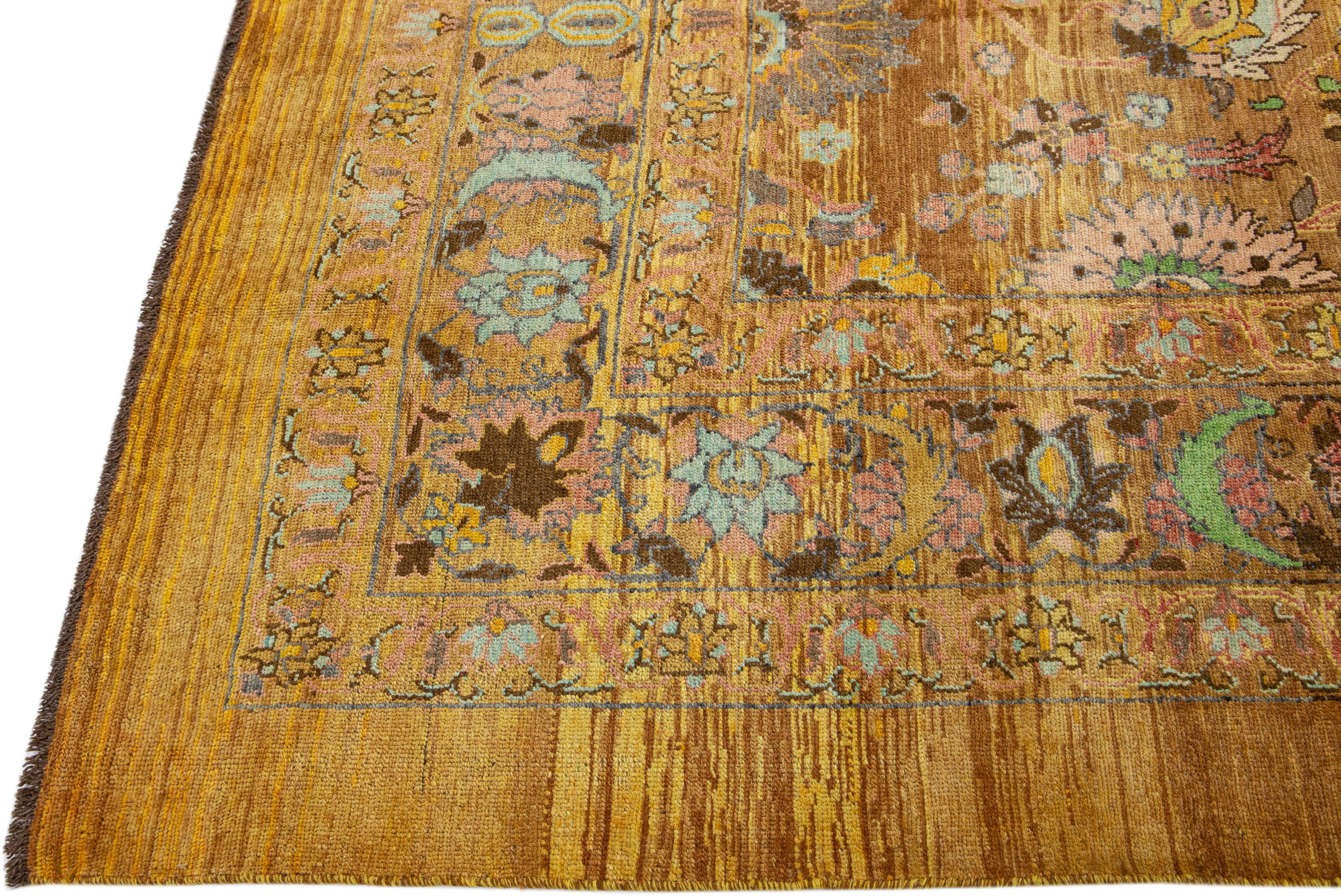 Hand-Knotted Yellow Mid-Century Modern Style Handmade Wool Rug with Floral Design by Apadana For Sale