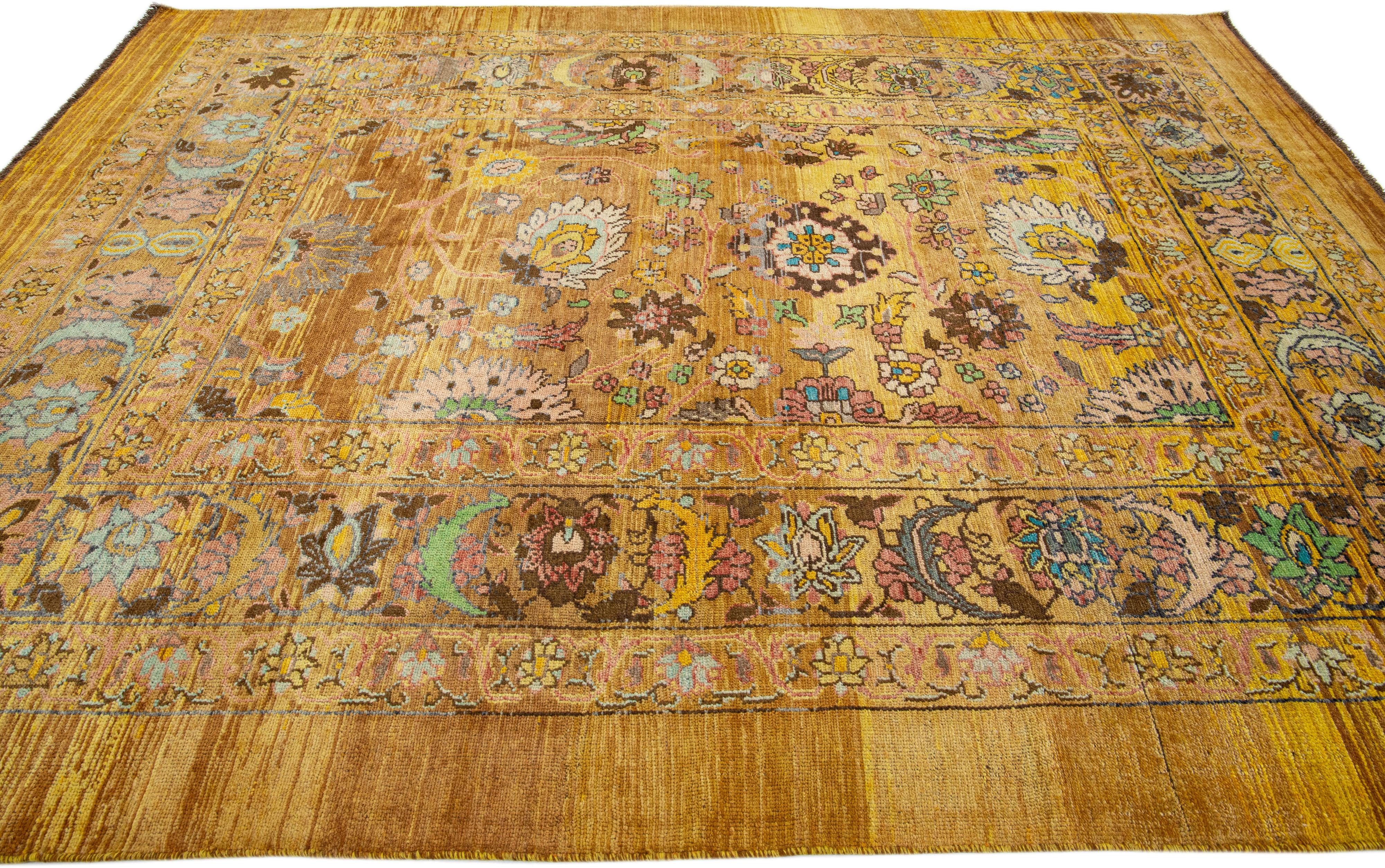 Yellow Mid-Century Modern Style Handmade Wool Rug with Floral Design by Apadana In New Condition For Sale In Norwalk, CT