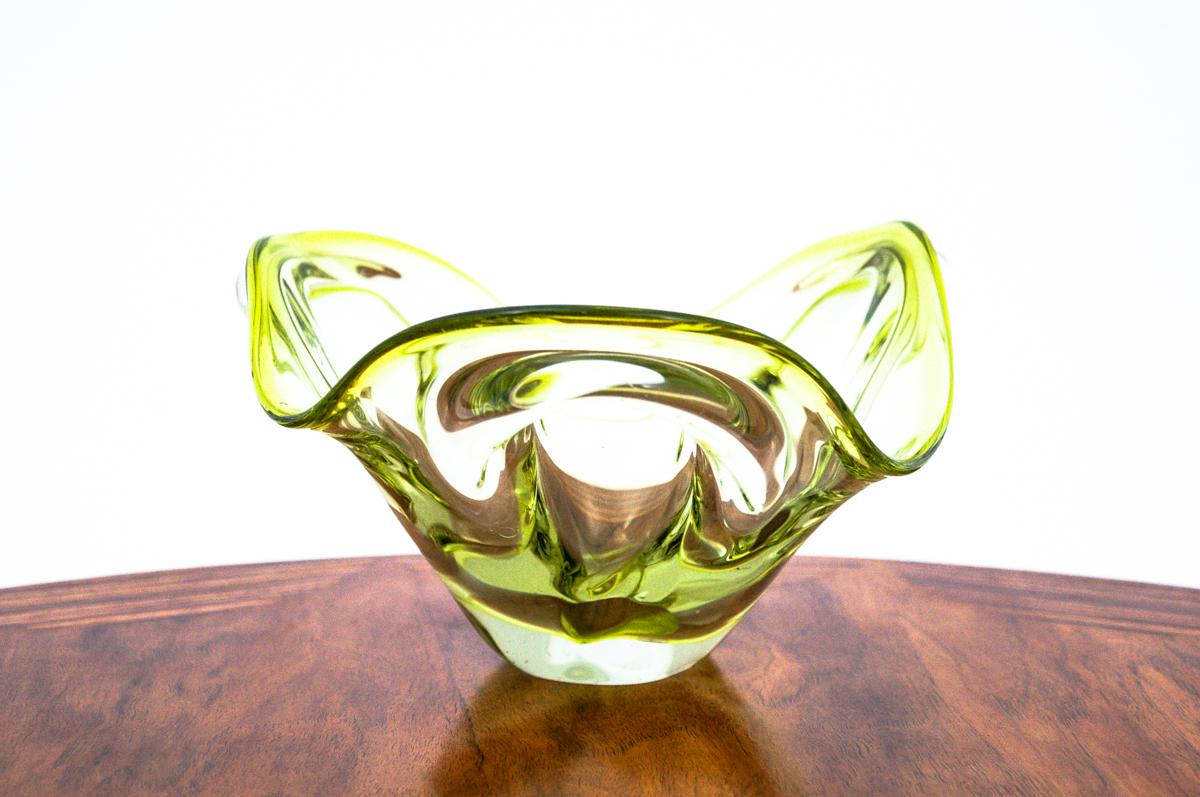 Crystal Yellow Midcentury Glass Bowl, Poland, 1970s For Sale