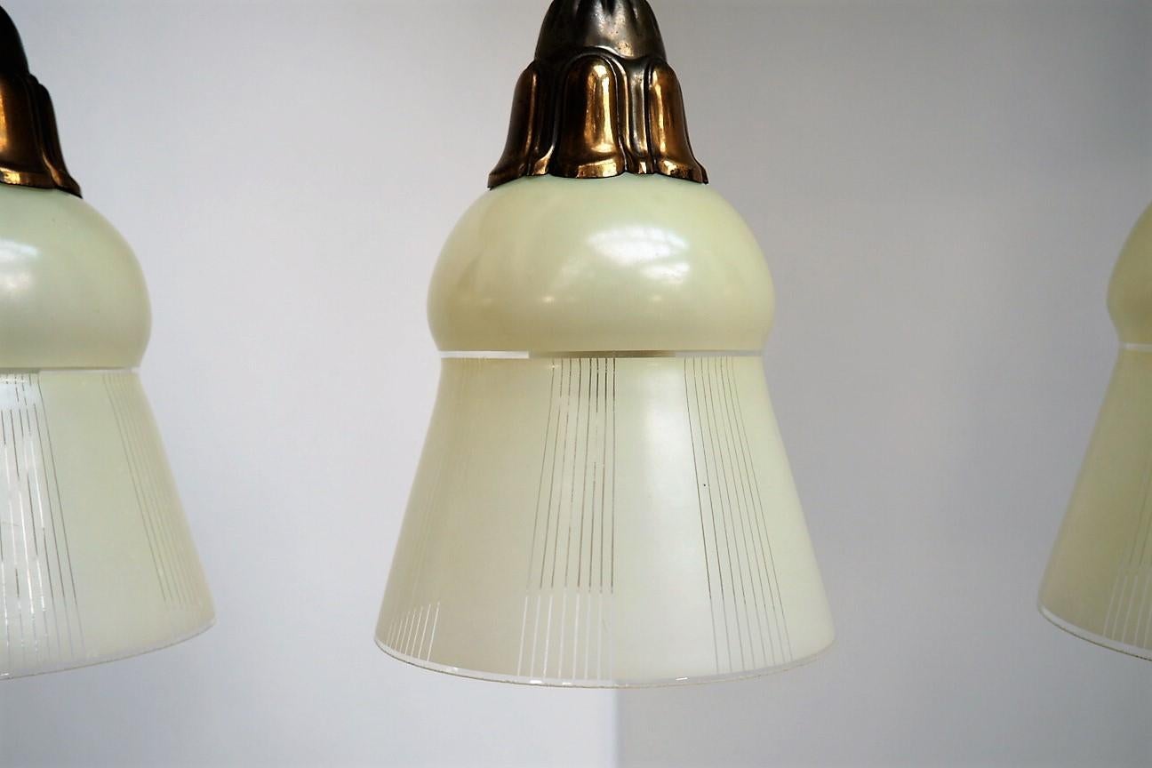 Painted Yellow Midcentury Glass Shades with Brass Top, Danish Vintage Design, 1940s For Sale