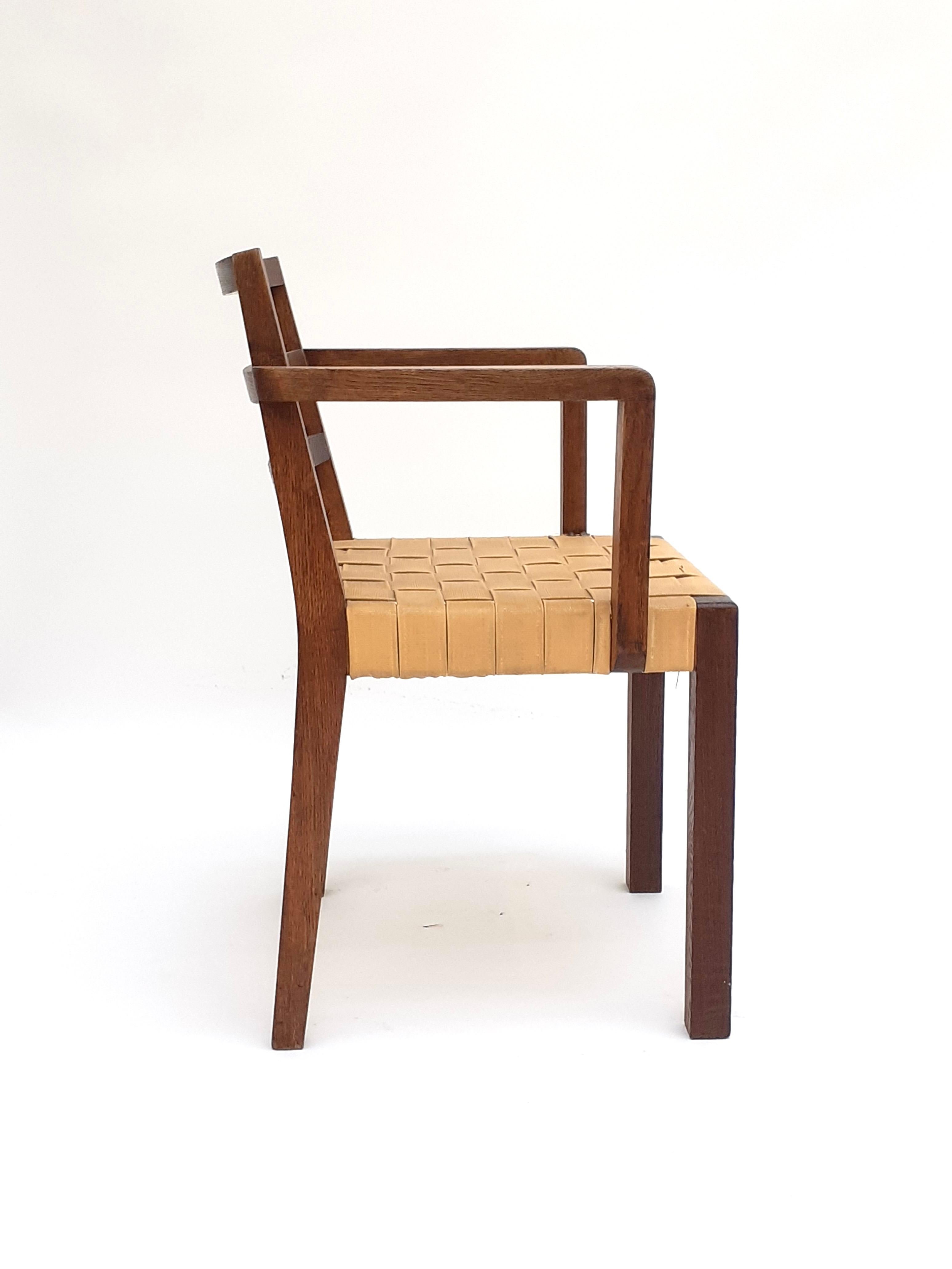 French Yellow Modern Armchair in oak and faux leather by René Gabriel, Norma, 1938 For Sale