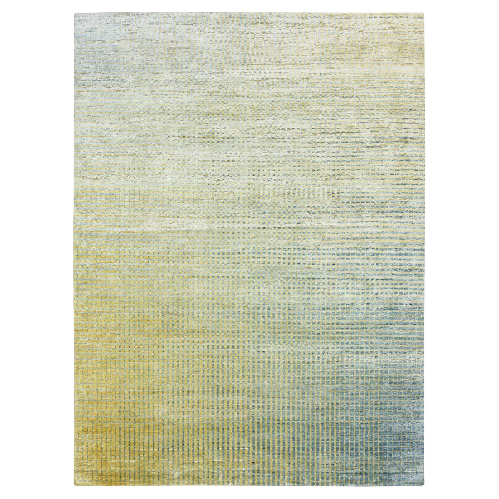 Yellow Modern Mid Century Inspired Grid Design Wool and Silk Hand Knotted Rug