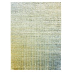 Yellow Modern Mid Century Inspired Grid Design Wool and Silk Hand Knotted Rug