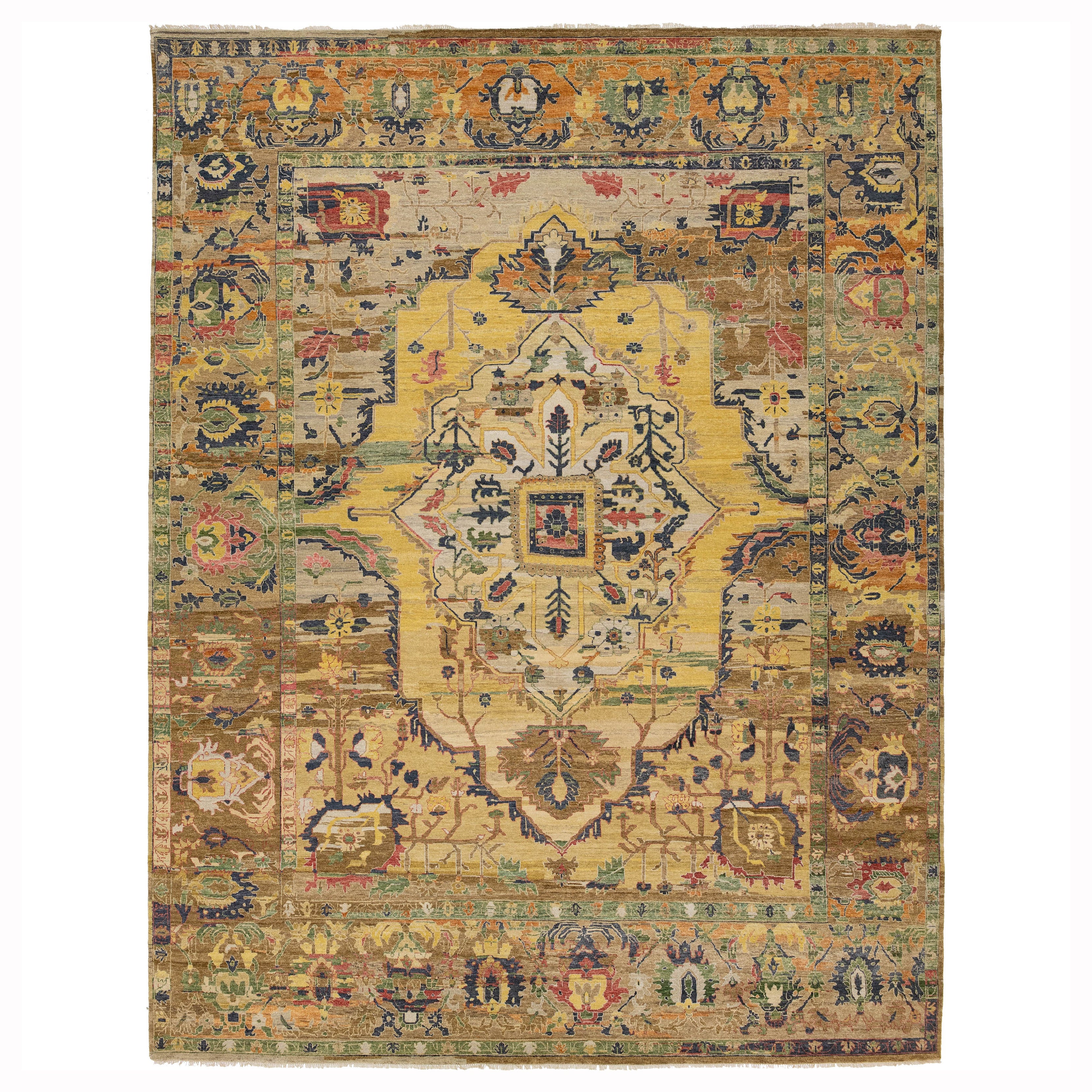 Yellow Modern Serapi Style Hand-Knotted Wool Geometric Medallion Area Rug
